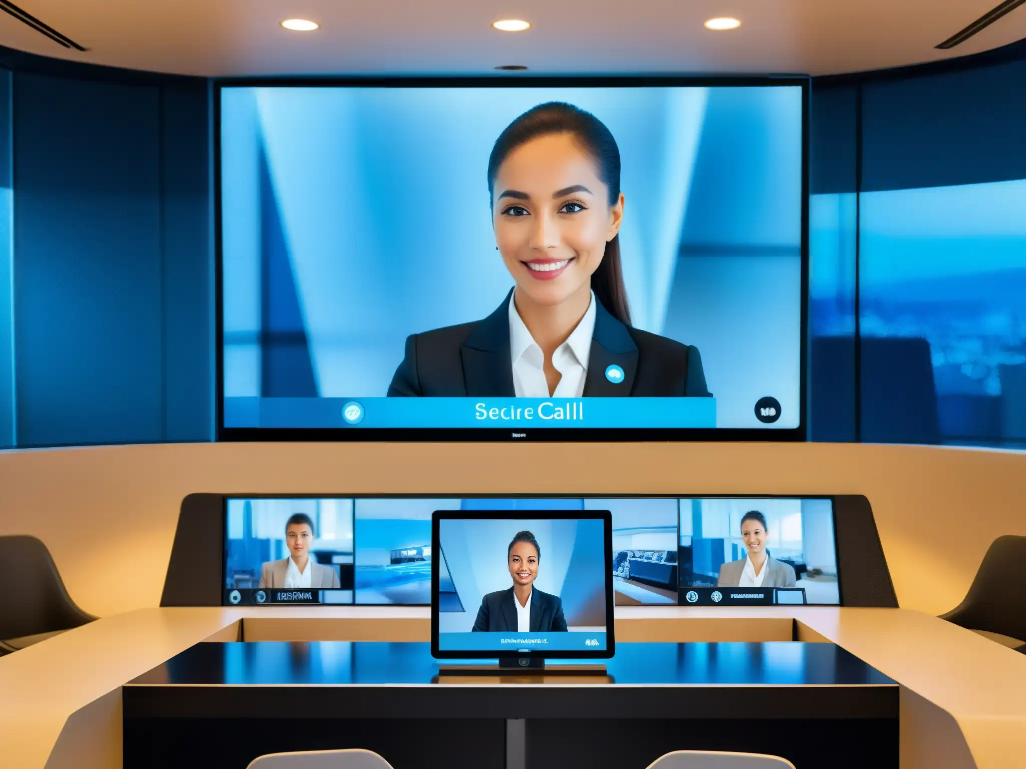 Videoconferencia segura: pantalla cristalina y diseño futurista Imagen detallada de un sistema de videoconferencia moderno y seguro en un entorno profesional de alta tecnología