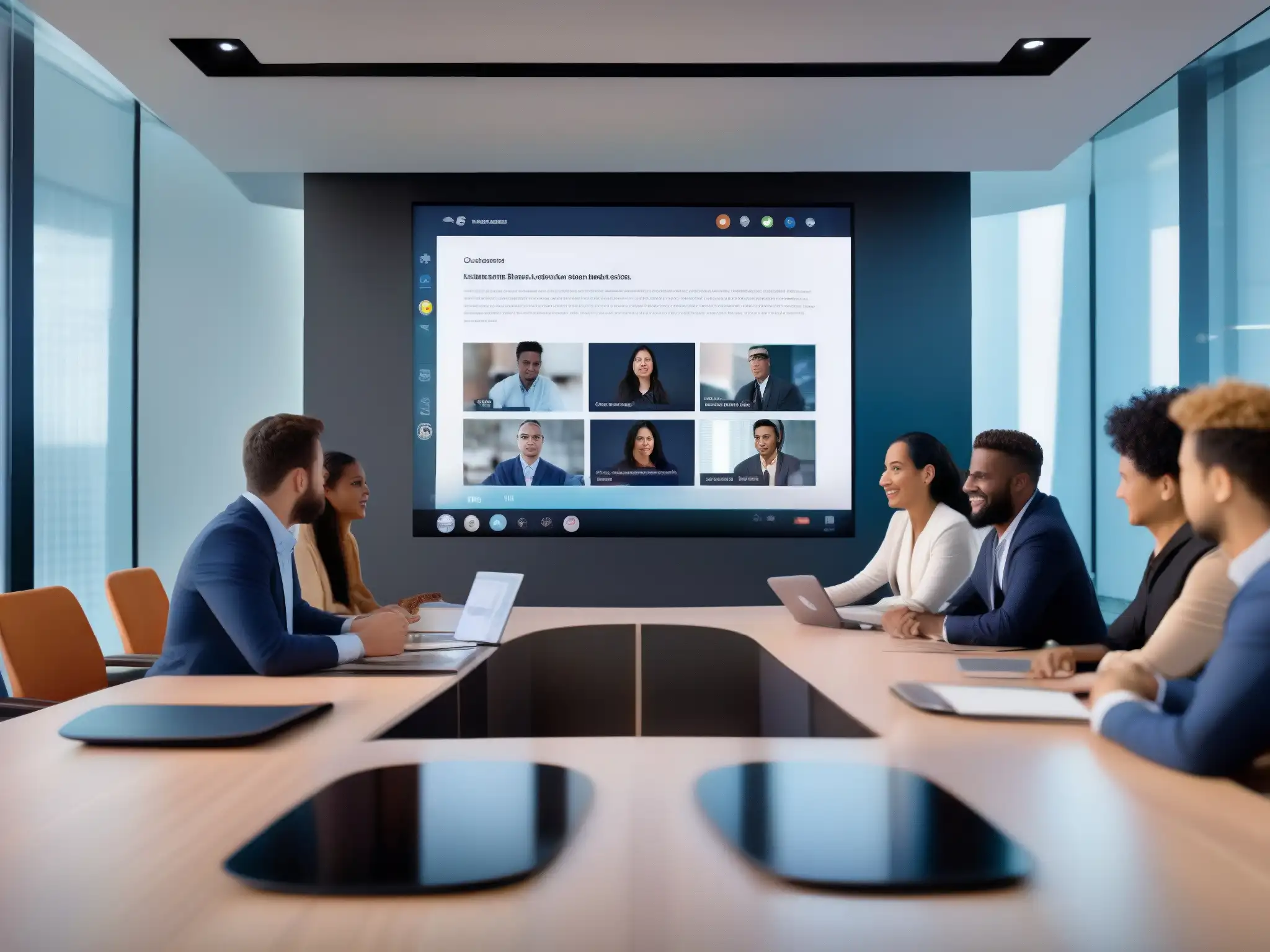 Conferencia virtual avanzada con traducción en tiempo real y pizarra interactiva Imagen detallada de videoconferencia futurista con innovación para profesionales en acción
