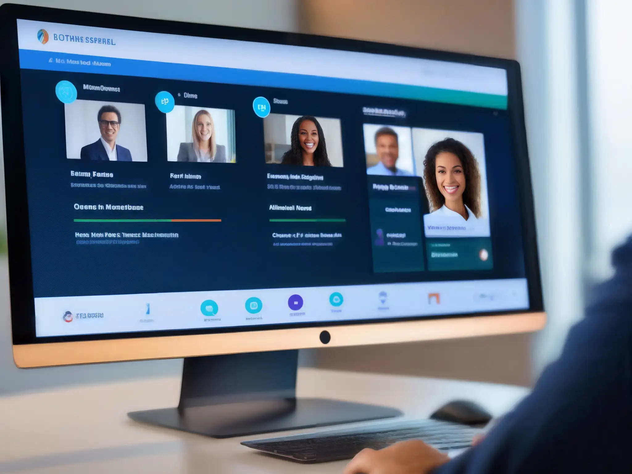 Reunión virtual segura y profesional Imagen detallada de una videoconferencia profesional con énfasis en la seguridad de datos en entorno virtual