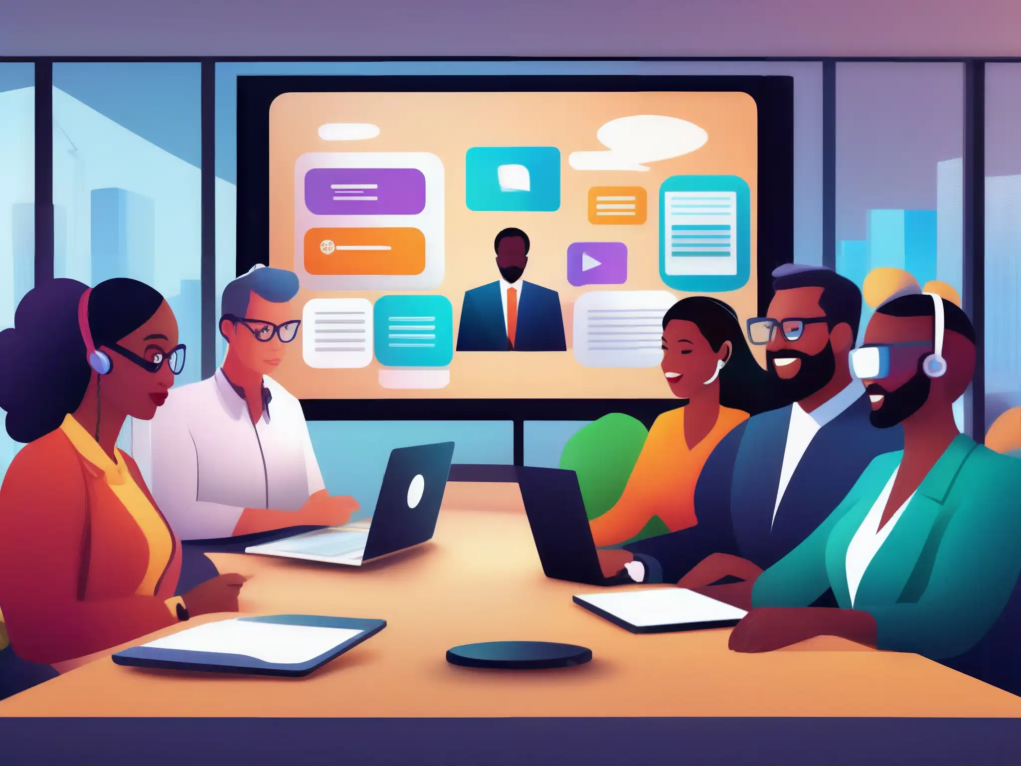 Equipo diverso en acción: Innovación y colaboración en reunión virtual Imagen 8k de un equipo diverso participando en una actividad de trabajo en equipo virtual