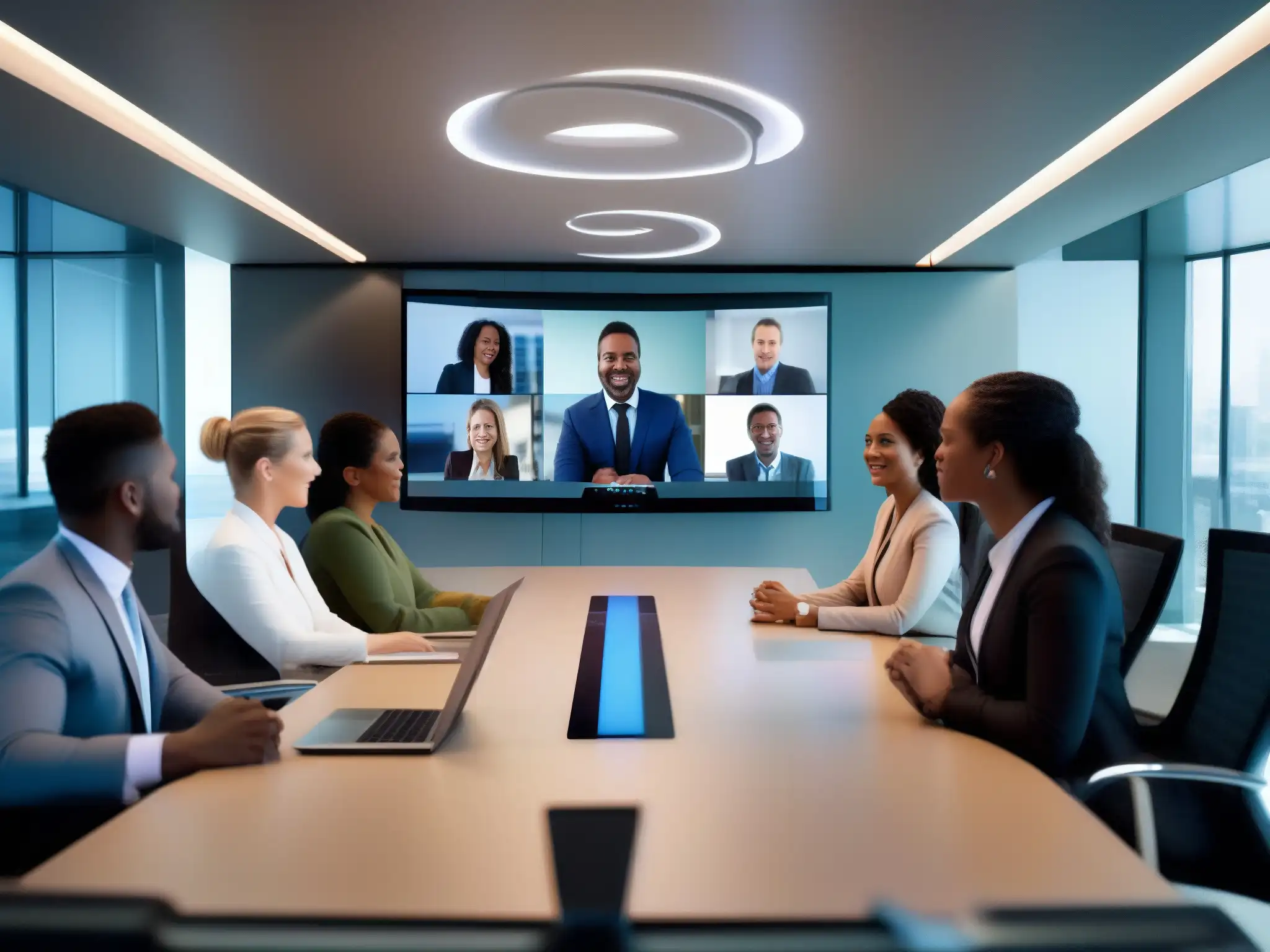 Equipo profesional en videoconferencia de alta tecnología Imagen de equipo diverso en videoconferencia en la nube, con tecnología futurista y ambiente colaborativo