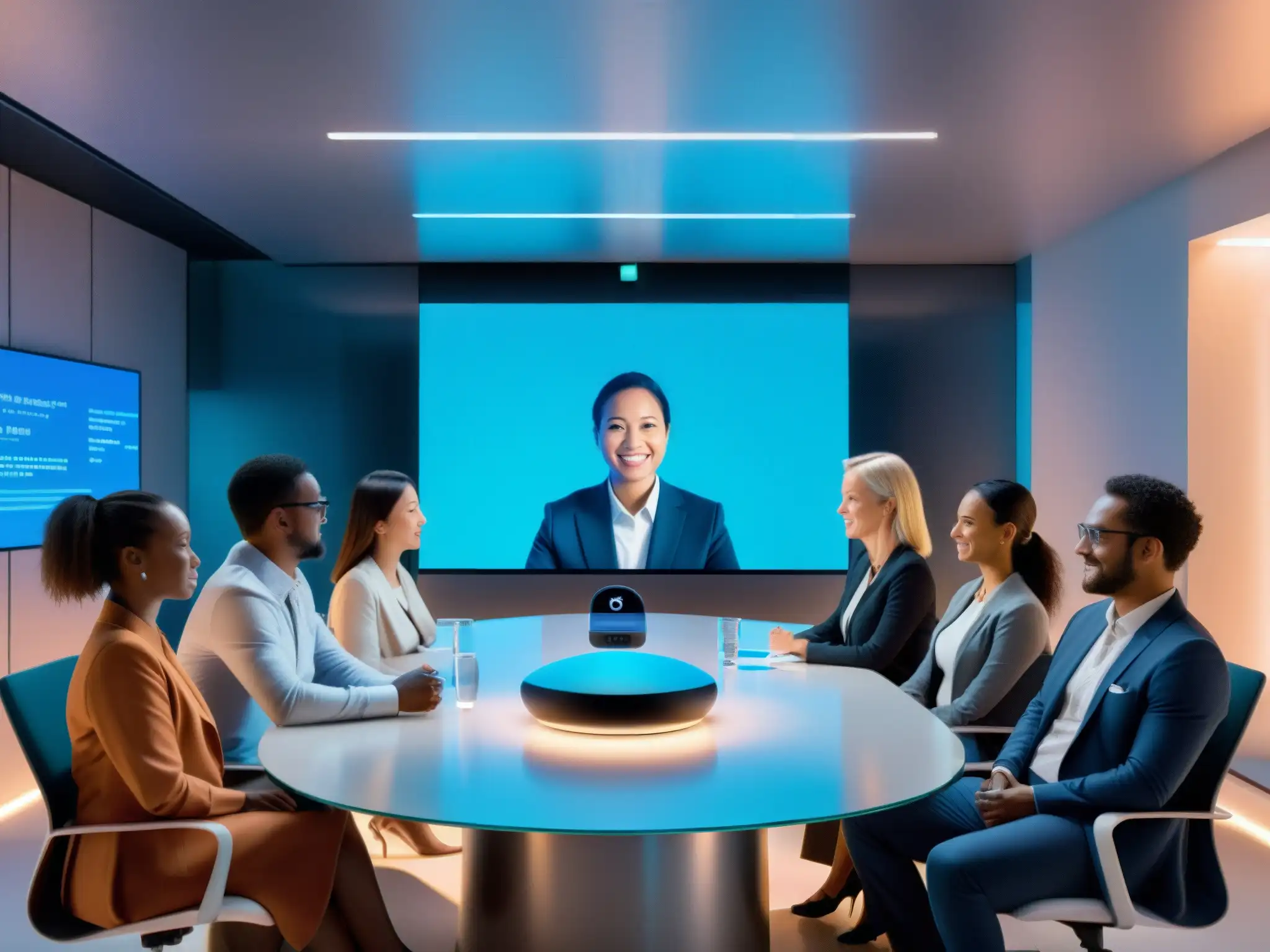 Sala de videoconferencias futurista con inteligencia artificial Imagen de escena futurista de videoconferencia con integraciones de IA