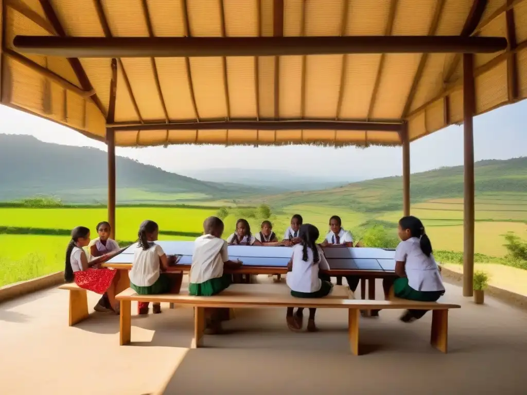 Escuela rural con aulas al aire libre y tecnología solar Imagen de escuela rural innovadora con enseñanza online para poblaciones rurales, estudiantes diversos en clase al aire libre bajo un árbol