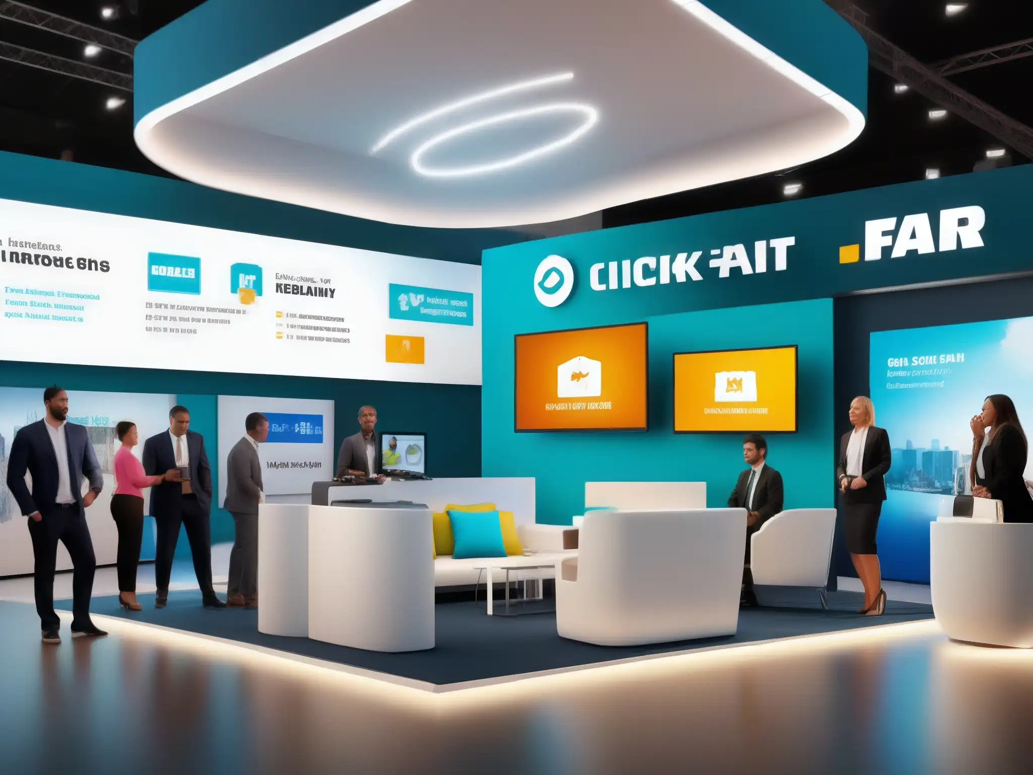 Virtual Trade Show: Innovación y Networking en ClickMeeting Imagen de una feria virtual con modernos stands y avatares en videoconferencias