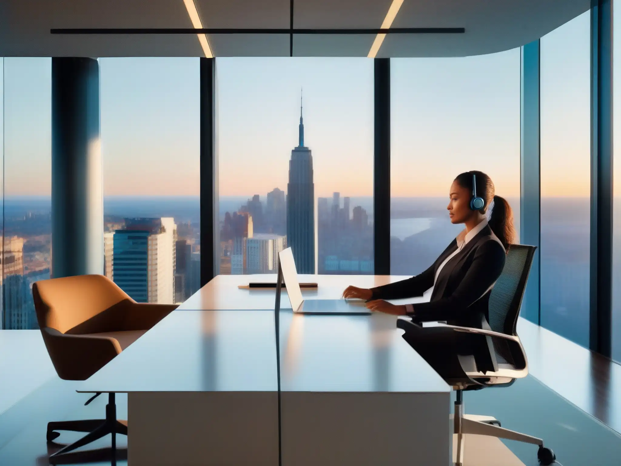 Oficina virtual moderna con vista panorámica a la ciudad Una imagen de fondo virtual con una oficina moderna y elegante, perfecta para herramientas de videoconferencia con fondos virtuales