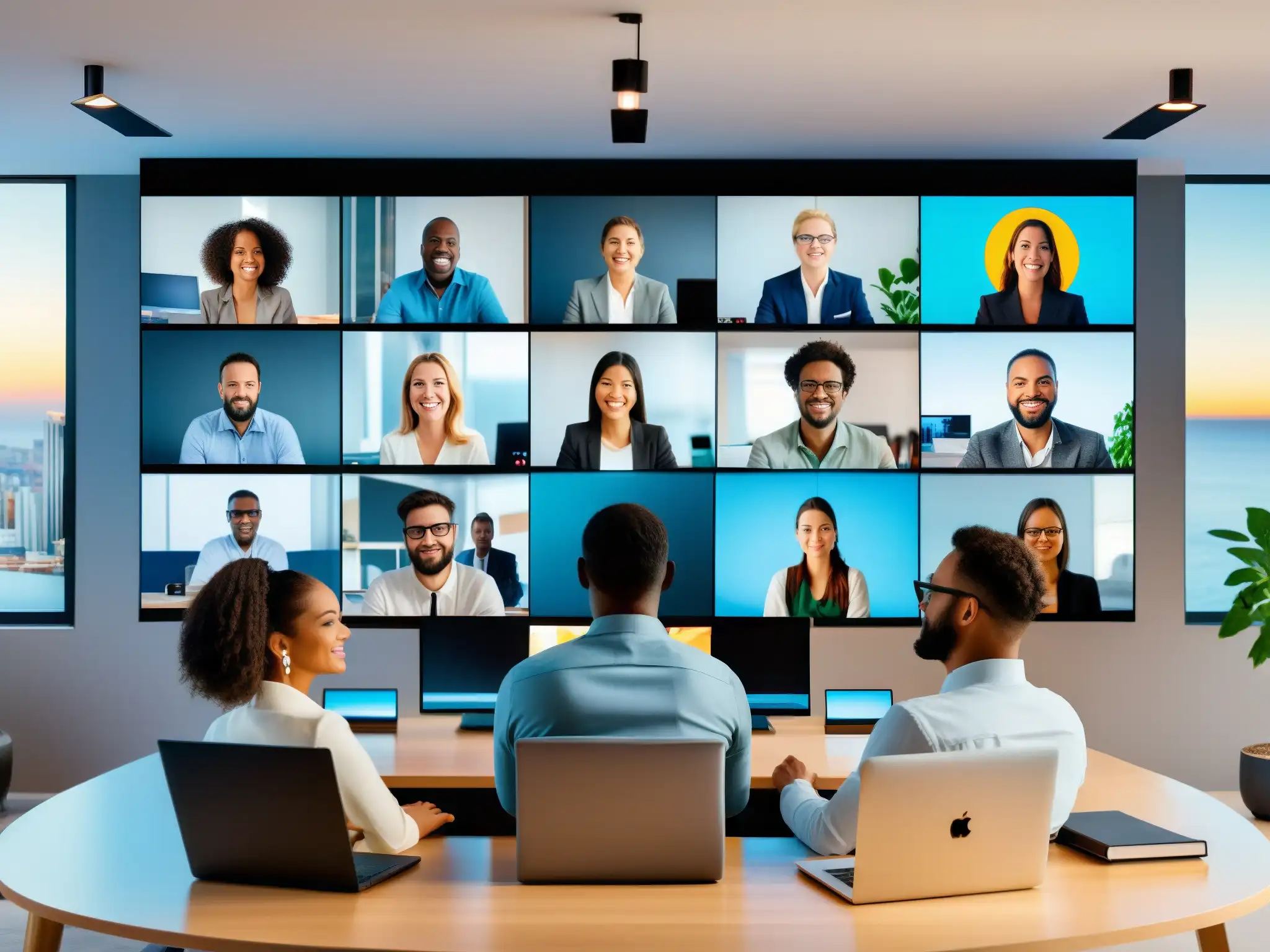 Profesionales remotos en videoconferencia global Imagen 8k de freelancers en videoconferencia, mostrando protocolos seguros y diversidad global en entornos de trabajo modernos