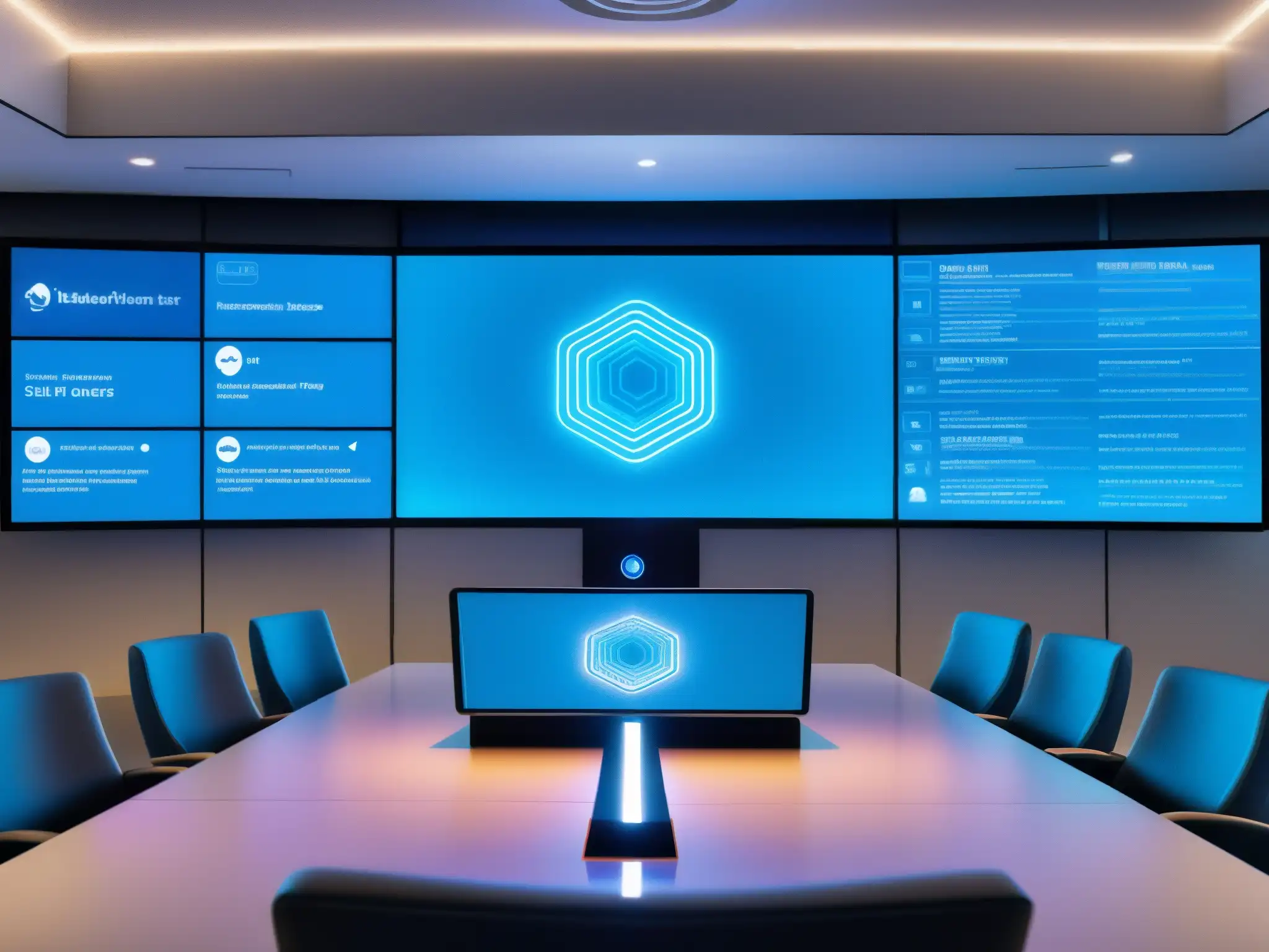 Conferencia virtual futurista con IA y seguridad avanzada Imagen futurista de plataforma segura para videoconferencias con diseño minimalista, iluminación ambiental y avanzadas medidas de seguridad AI