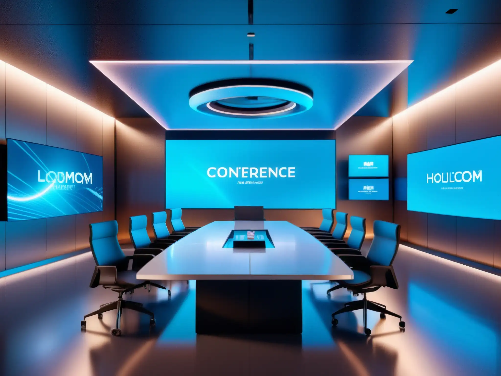 Sala de conferencias virtuales futurista con hologramas Imagen futurista de una sala de conferencias virtual con diseño minimalista y avatares profesionales en discusión