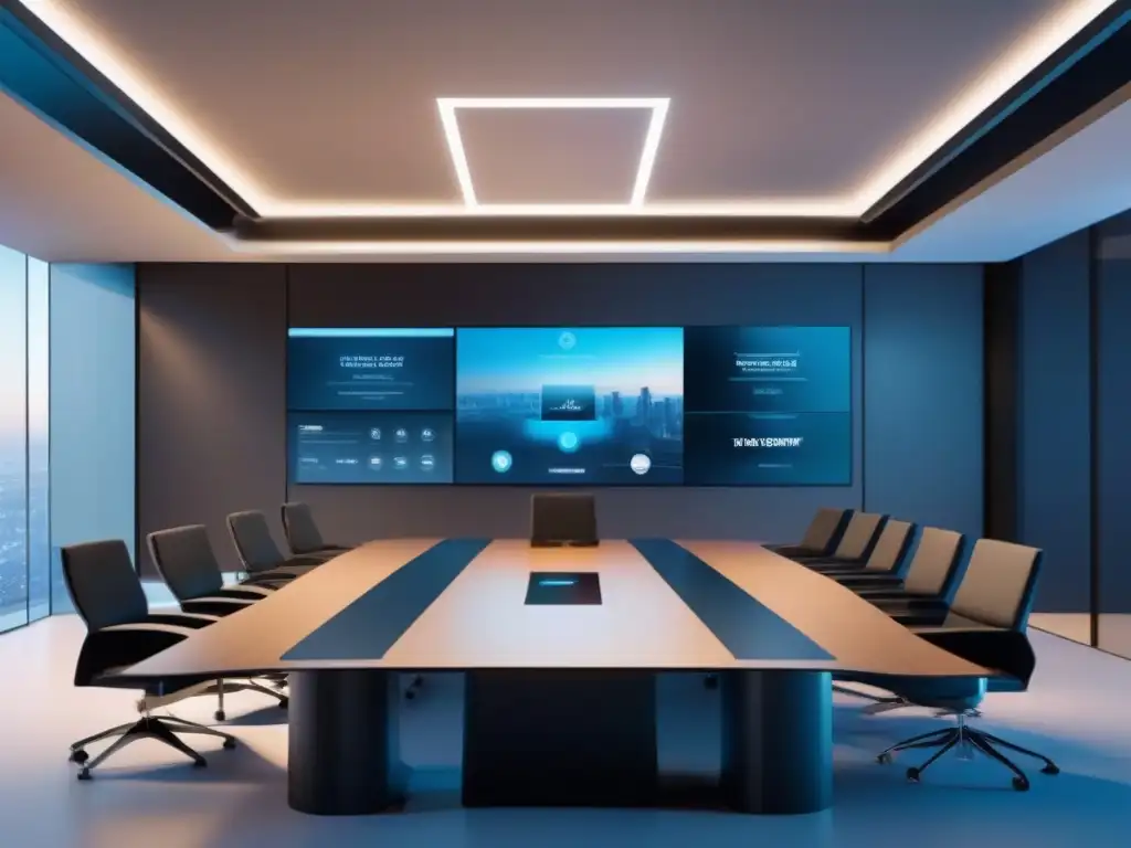 Sala de videoconferencias segura y futurista con encriptación avanzada Imagen futurista de sala de videoconferencias segura con protocolos de seguridad para videoconferencias de vanguardia