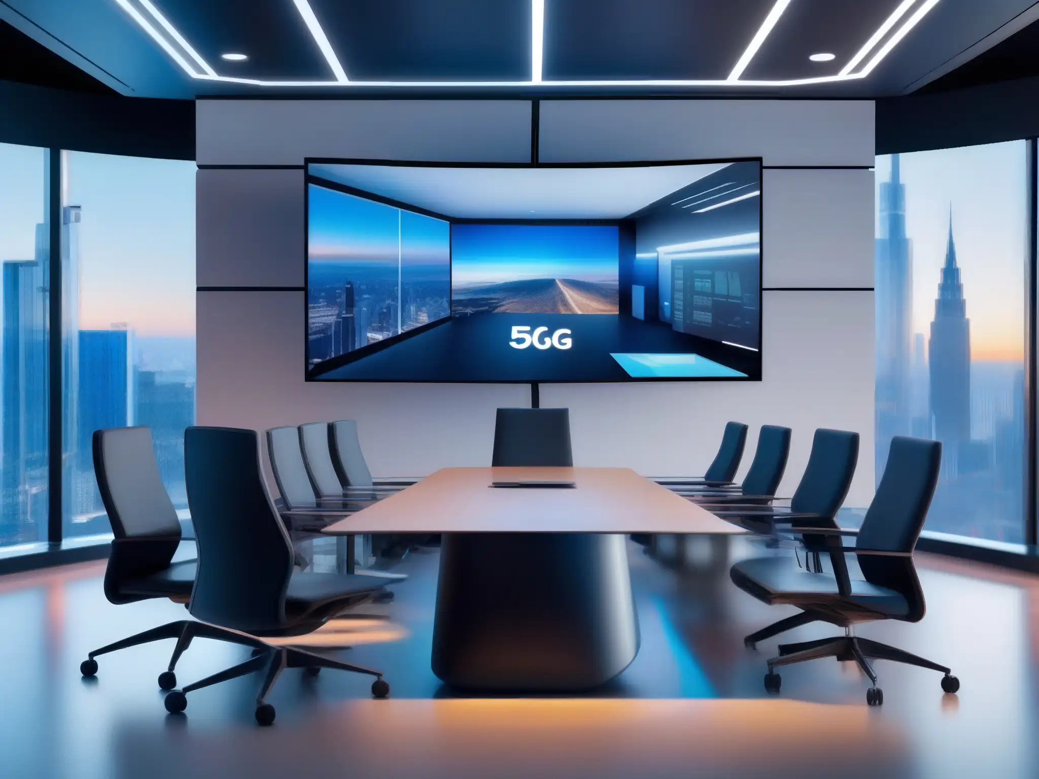 Videoconferencia 5G futurista en oficina profesional Imagen 8k de una futurista sala de videoconferencias con integración 5G