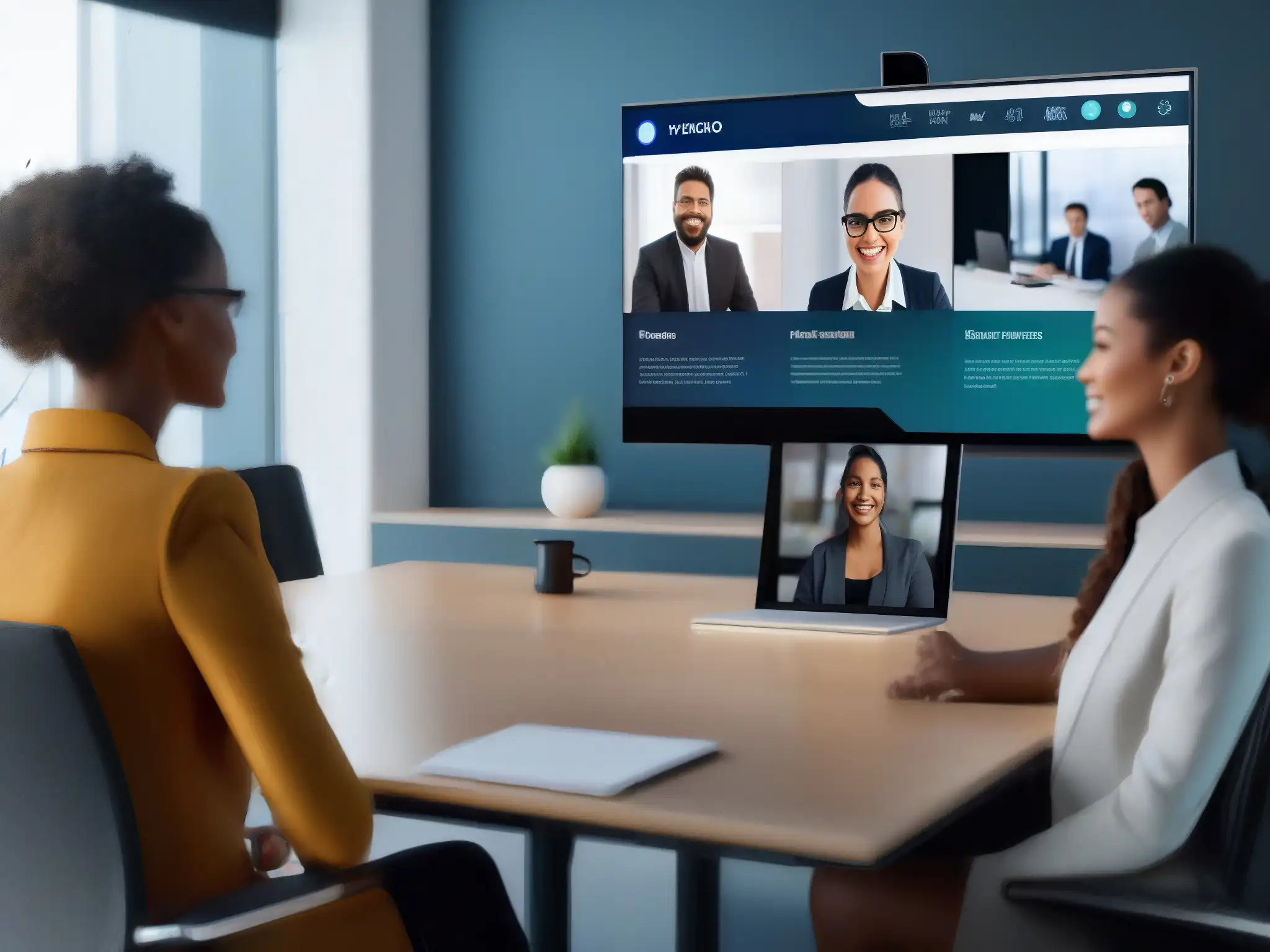 Interfaz de videoconferencia futurista con IA Una imagen futurista de videoconferencia con integración de IA en herramientas de videoconferencia, transmitiendo innovación y profesionalismo