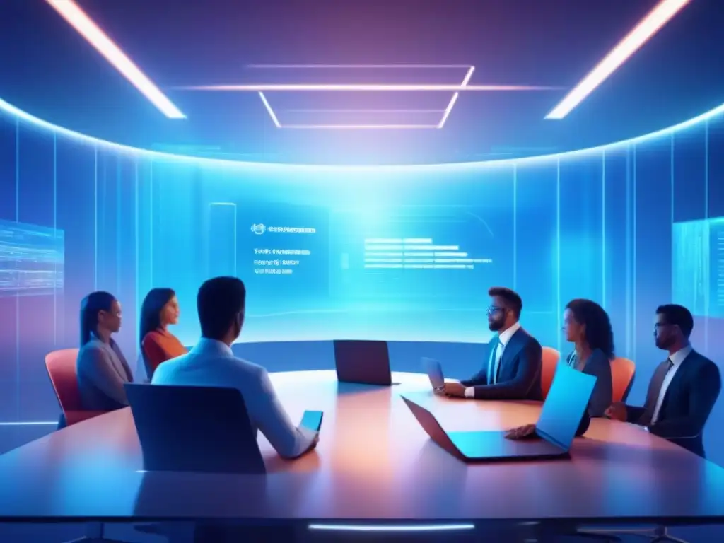 Conferencia virtual segura y futurista: profesionales en acción Imagen futurista de una videoconferencia profesional segura con elementos de seguridad de datos en un ambiente de confianza y vanguardia digital