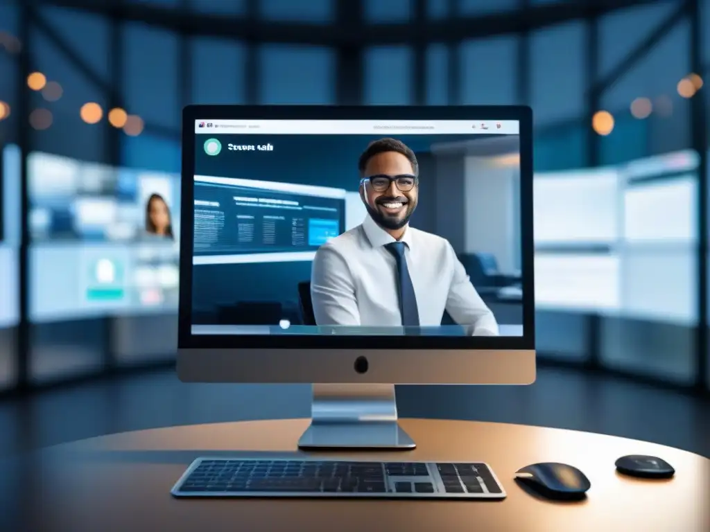 Videoconferencia Segura: Tecnología Futurista Imagen futurista de videoconferencia segura en entorno profesional, destacando la seguridad en videoconferencias multidominio