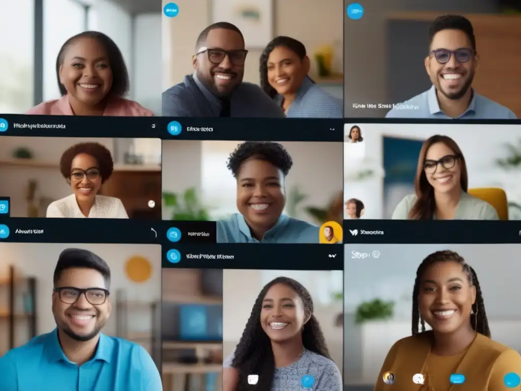 Empoderamiento inclusivo: Skype y su accesibilidad Imagen de grupo diverso con discapacidades usando funciones accesibilidad en videoconferencia, destacando la interpretación de lenguaje de señas y lectura de pantalla