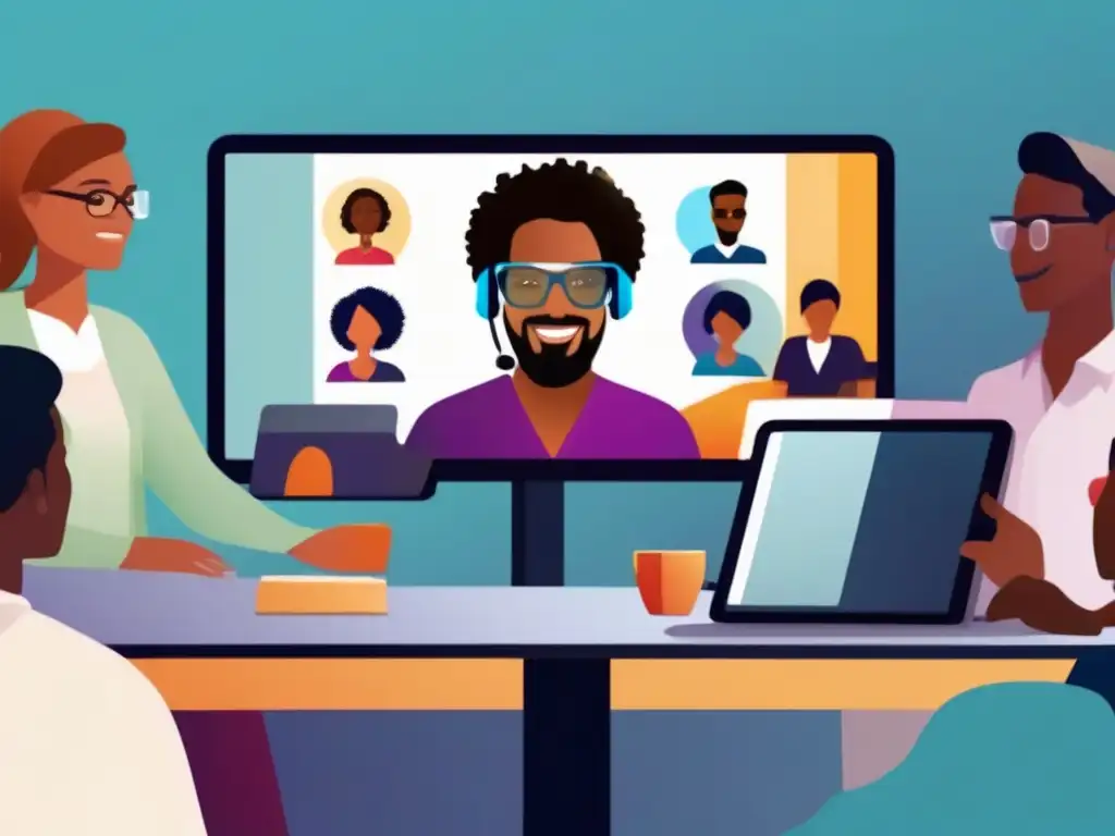Reunión inclusiva con tecnología accesible Una imagen de grupo diverso en una videoconferencia, con una persona ciega usando un lector de pantalla