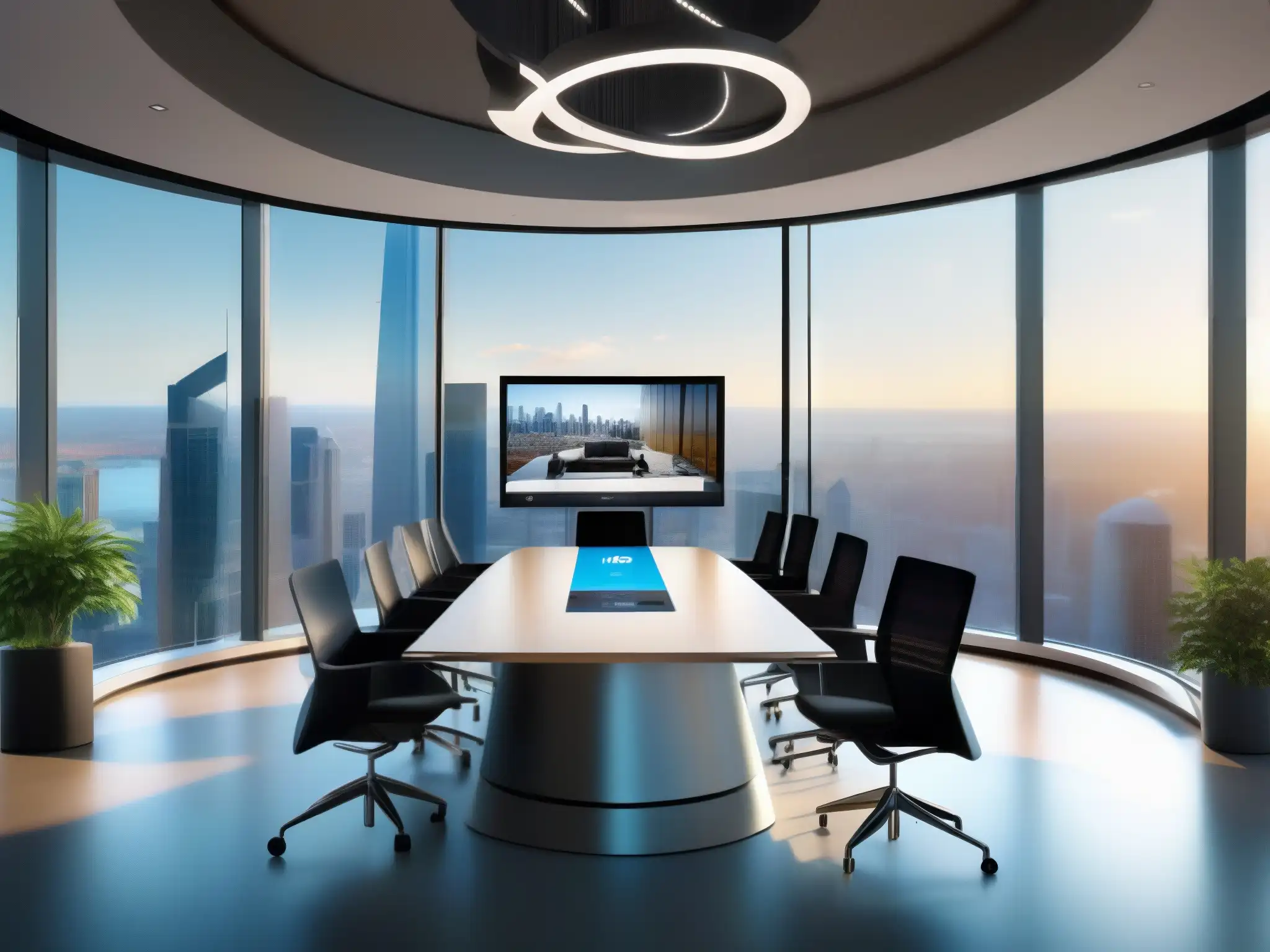 Sala de videoconferencias futurista y eficiente con vistas urbanas Una imagen de herramientas de videoconferencia para reuniones de ventas en una oficina profesional moderna y luminosa con vistas a la ciudad