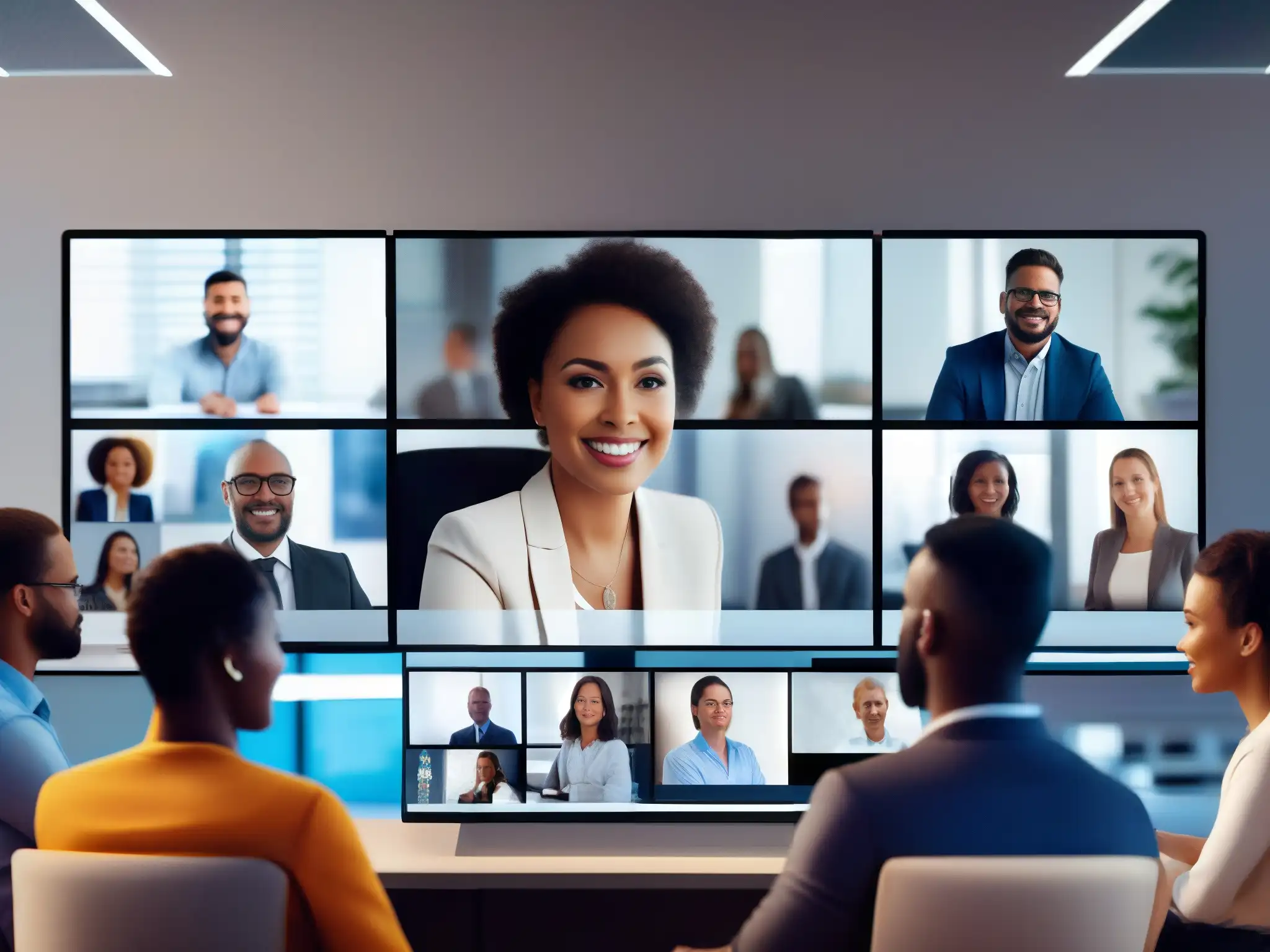 Equipo profesional en videoconferencia segura Imagen impactante de capacitación en videoconferencias seguras con equipo diverso y profesional colaborando en una reunión virtual
