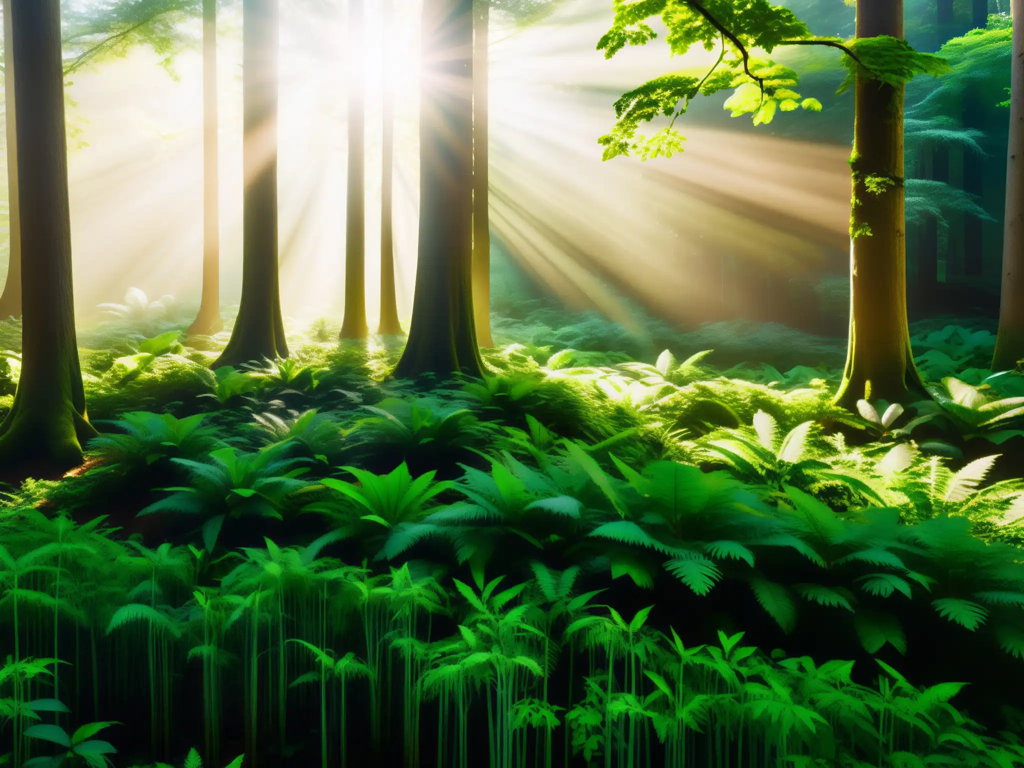 Bosque exuberante: vida y luz en alta resolución Imagen impactante de un exuberante bosque con vida silvestre, luz solar filtrándose y sombras, destacando la belleza del ecosistema