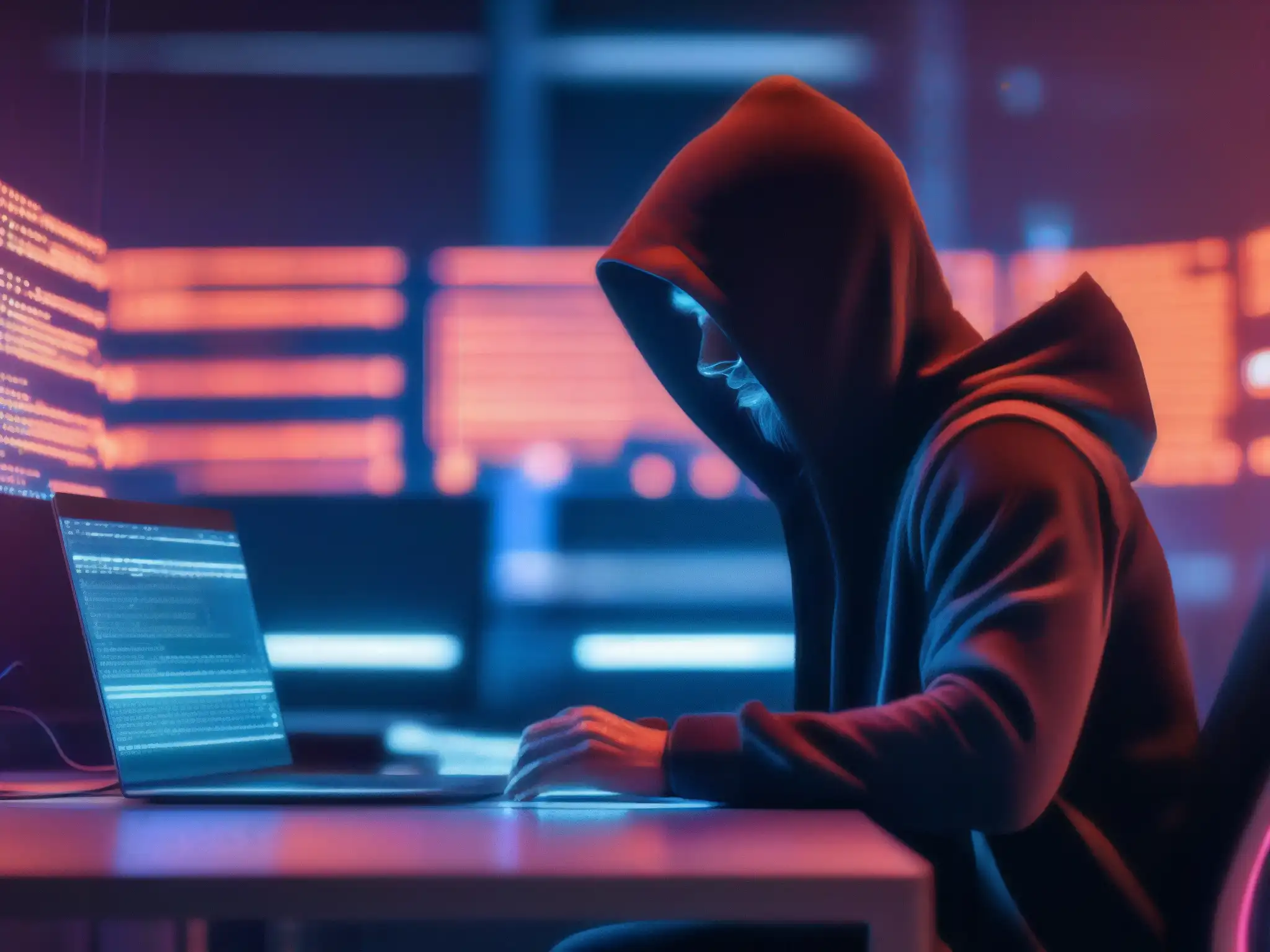 Hacker en la oscuridad: Intrusión digital 8k Imagen impactante de un hacker en una habitación oscura, rodeado de pantallas brillantes y líneas de código