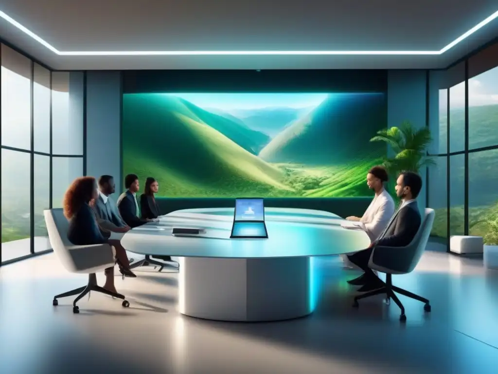 Sala de reuniones virtuales ecofriendly con tecnología AI avanzada Imagen impactante de sala de reuniones virtual futurista y ecológica, con tecnología AI para videoconferencias sostenibles