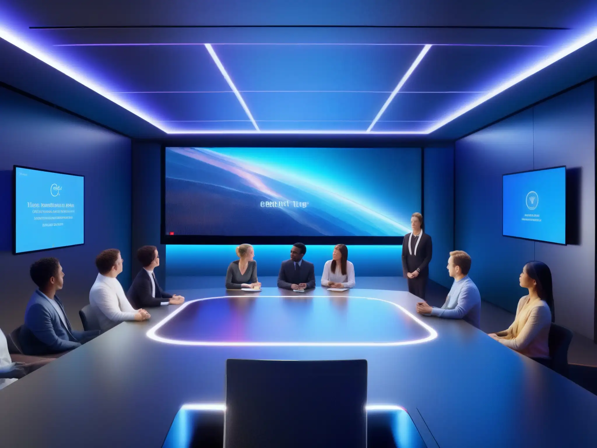 Salas de reuniones virtuales futuristas: interacciones vibrantes y colaborativas en holografía avanzada Imagen impactante de sala virtual futurista con tecnología holográfica avanzada, profesionales y estudiantes interactuando