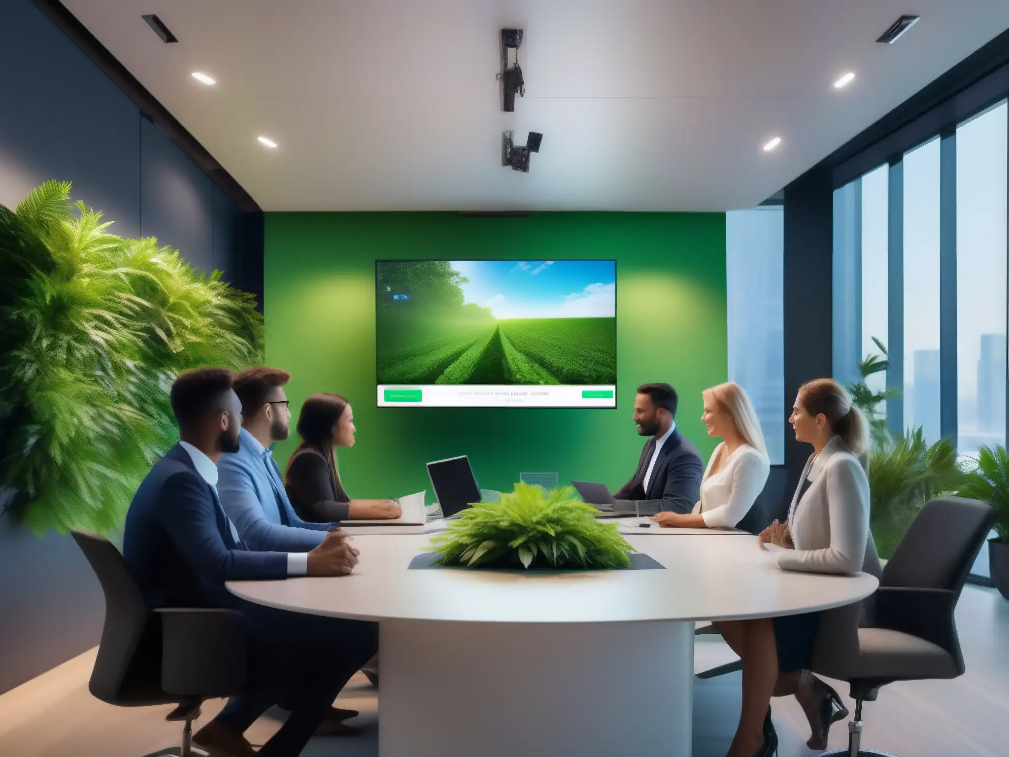 Videoconferencia moderna con pantalla LED y enfoque sostenible Imagen de impacto de videoconferencias con reducción de huella de carbono, moderna y sostenible, con individuos en una reunión virtual