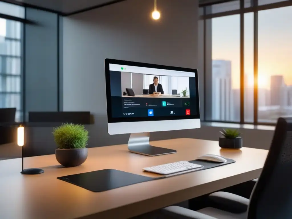 Escritorio moderno con videoconferencia profesional Imagen de integración de videoconferencias en software: moderno escritorio de oficina con videoconferencia profesional y vistas a la ciudad