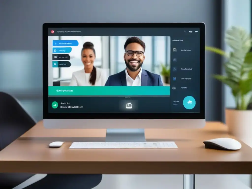 Personalización de seguridad en videoconferencias modernas Imagen de una interfaz moderna de videoconferencia con protocolos de seguridad personalizables en una pantalla de computadora