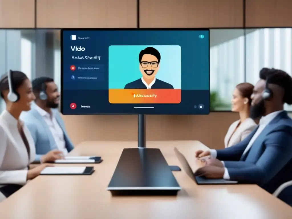 Interfaz de Videoconferencia Segura y Profesional La imagen muestra una interfaz de videoconferencia moderna y elegante con protocolos de seguridad personalizables