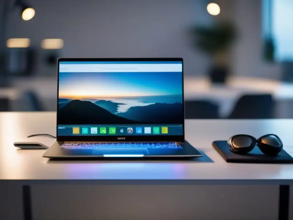 Entorno profesional para videoconferencias de alta calidad Imagen de laptop moderno cerrado en escritorio blanco, con equipo de videoconferencia profesional