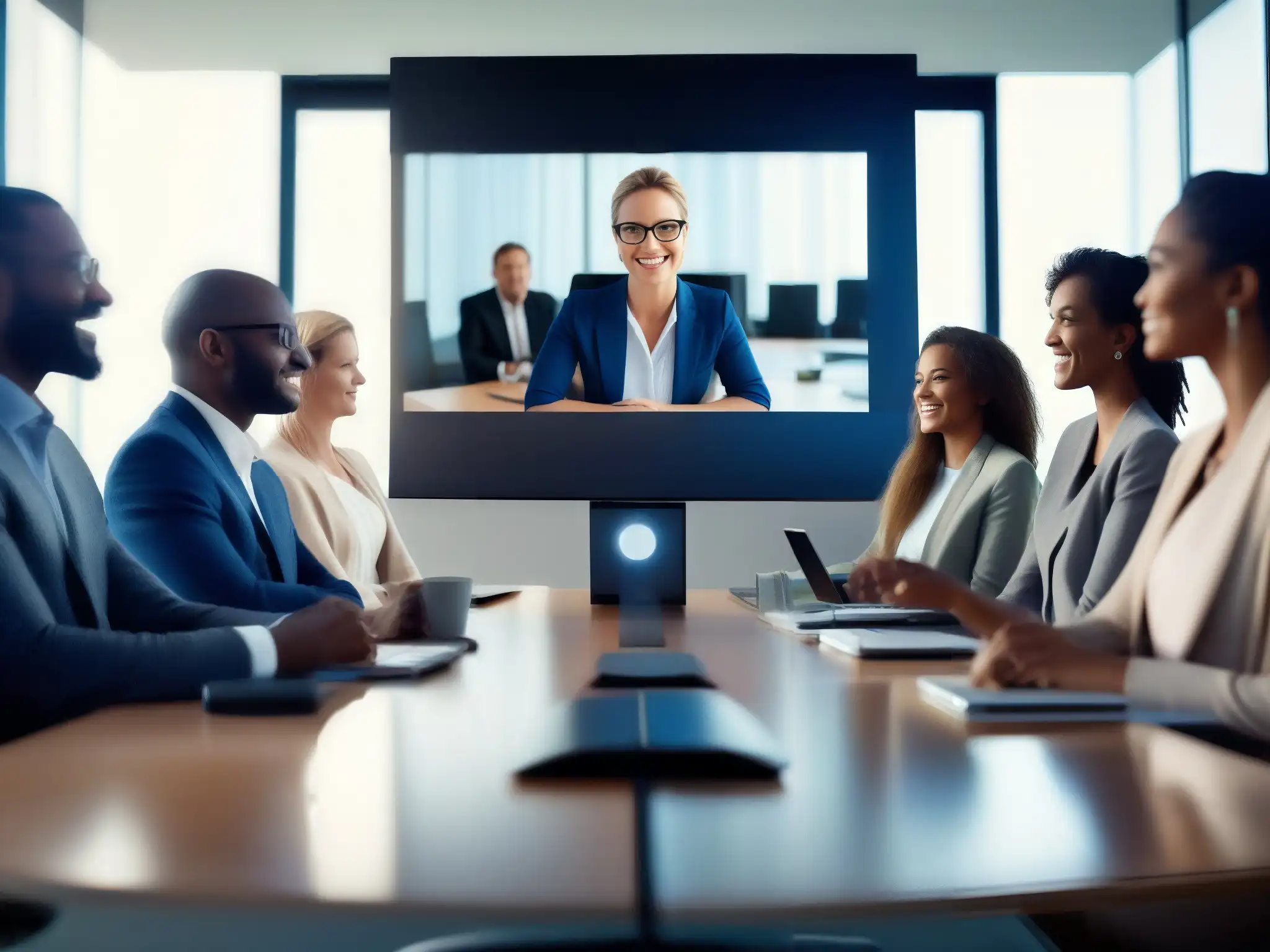 Reunión virtual profesional y moderna con cámara avanzada Una imagen de alta resolución de una moderna cámara de videoconferencia capturando una reunión virtual de profesionales diversos