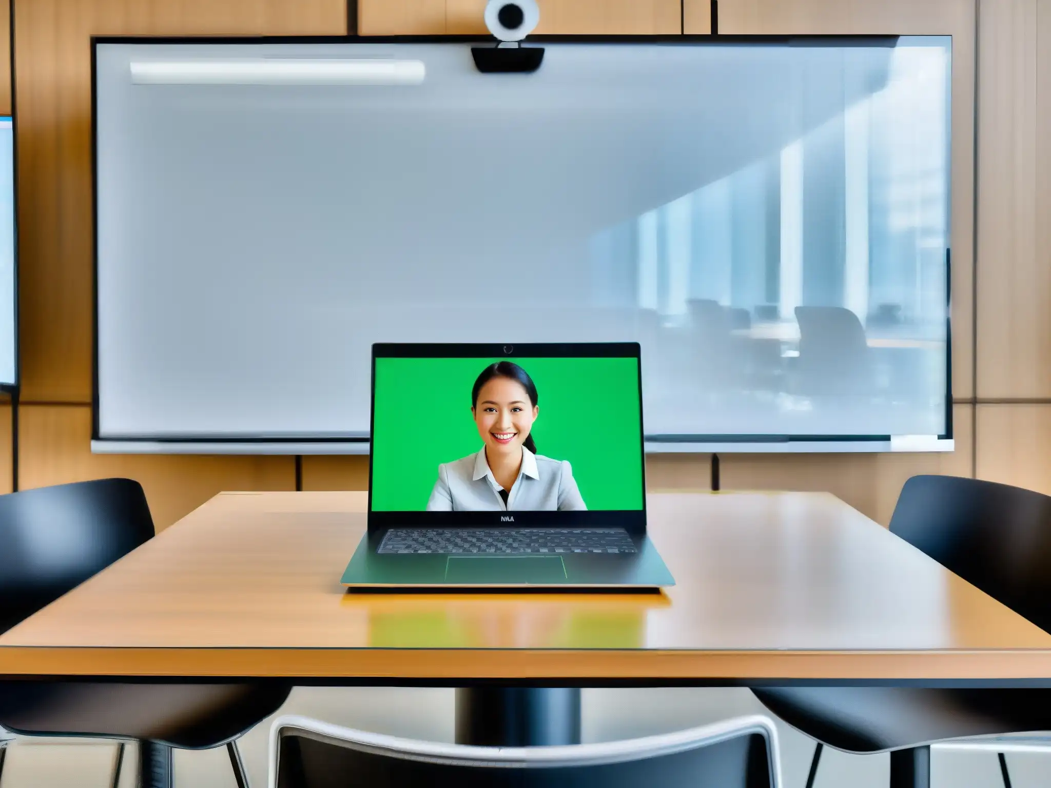 Clase virtual interactiva con laptop moderno Una imagen de una moderna y elegante laptop con webcam y micrófono, en un escritorio organizado