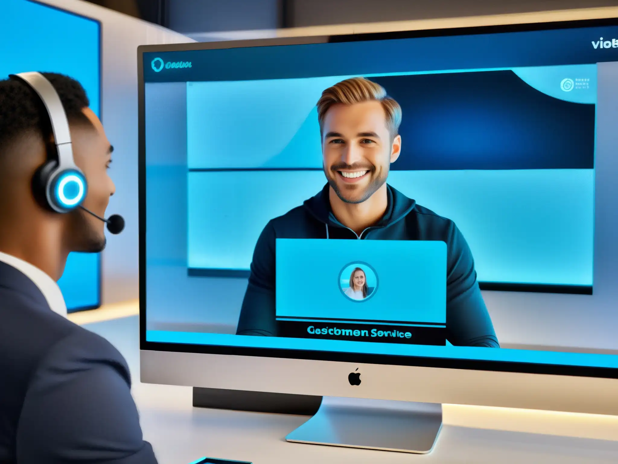 Asesor de servicio al cliente virtual en conferencia de video Una imagen moderna de integraciones de ecommerce y videoconferencia para la atención al cliente, con representante virtual y tecnología avanzada