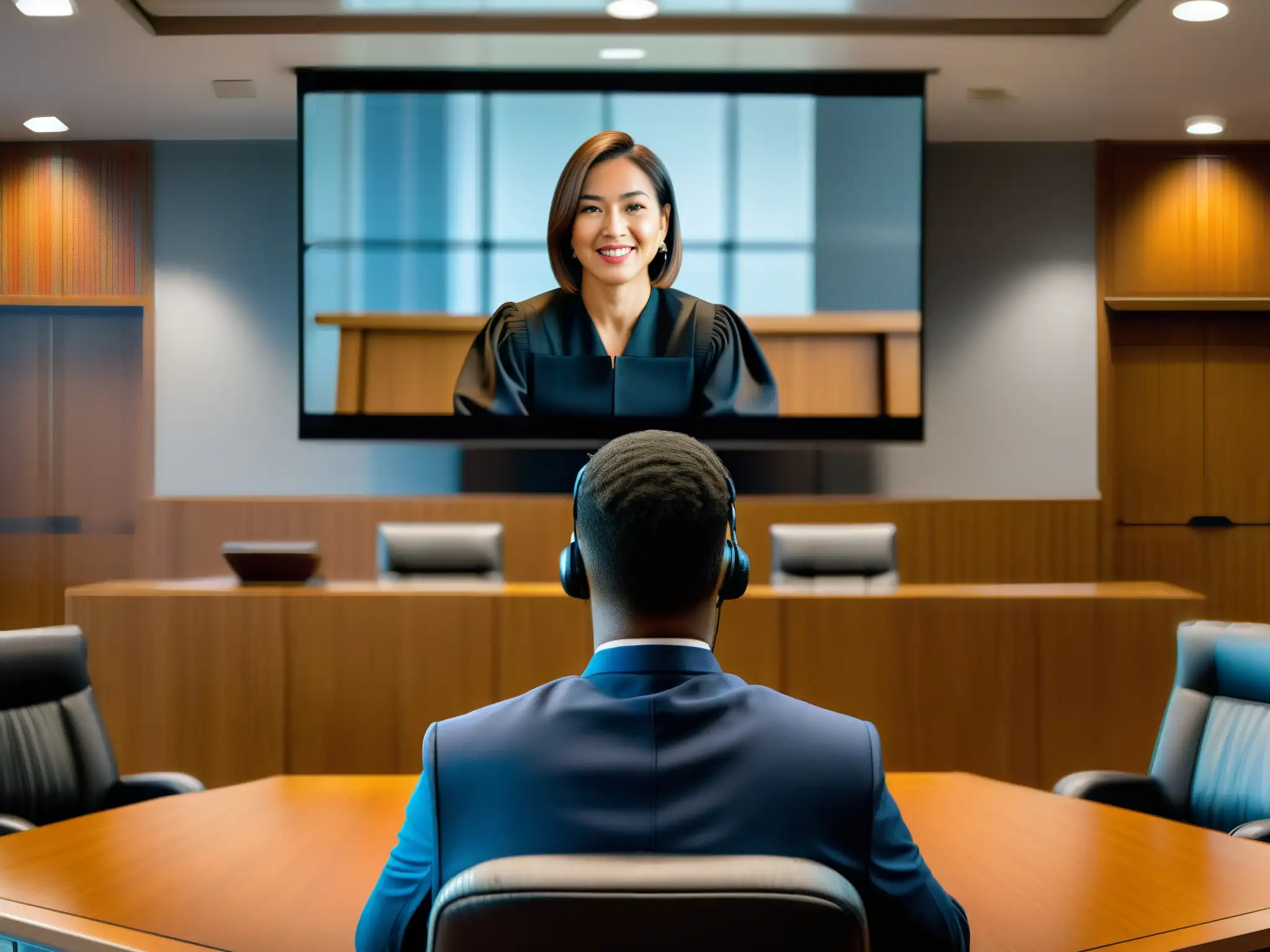 Videoconferencia legal: juez preside sala virtual moderna Una imagen moderna de una sala de audiencias virtual con abogados y juez en una videoconferencia