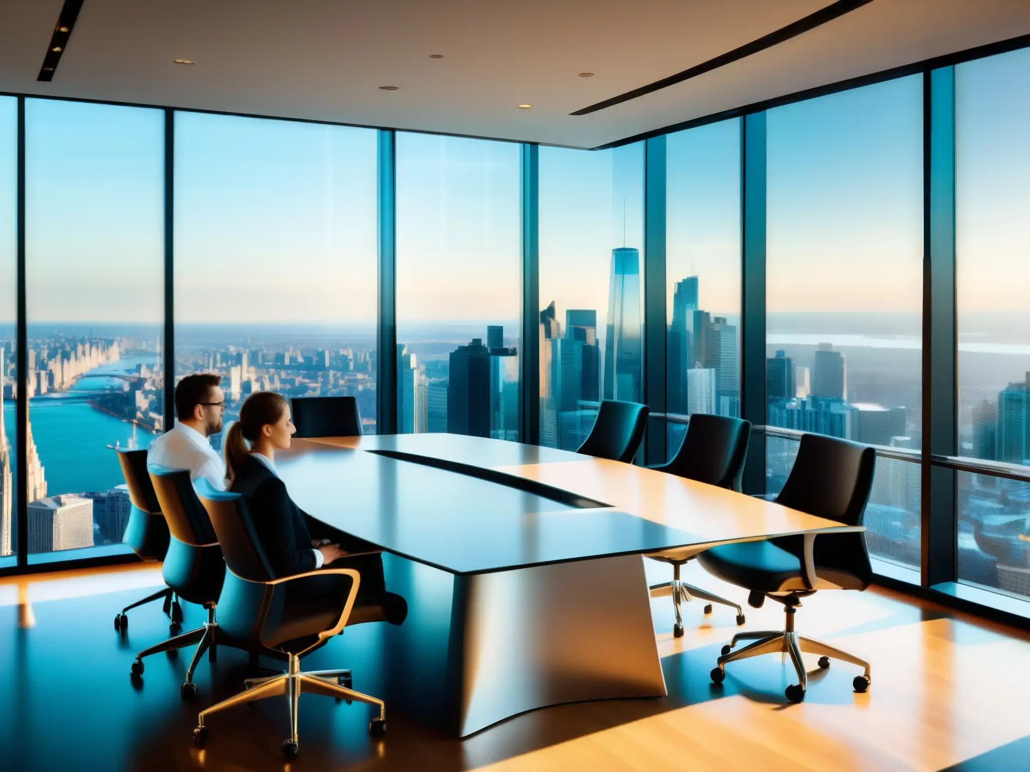 Ambiente vibrante en sala de juntas de negocios La imagen muestra una moderna sala de juntas con vista a la ciudad, donde profesionales negocian casos de éxito con Fuze