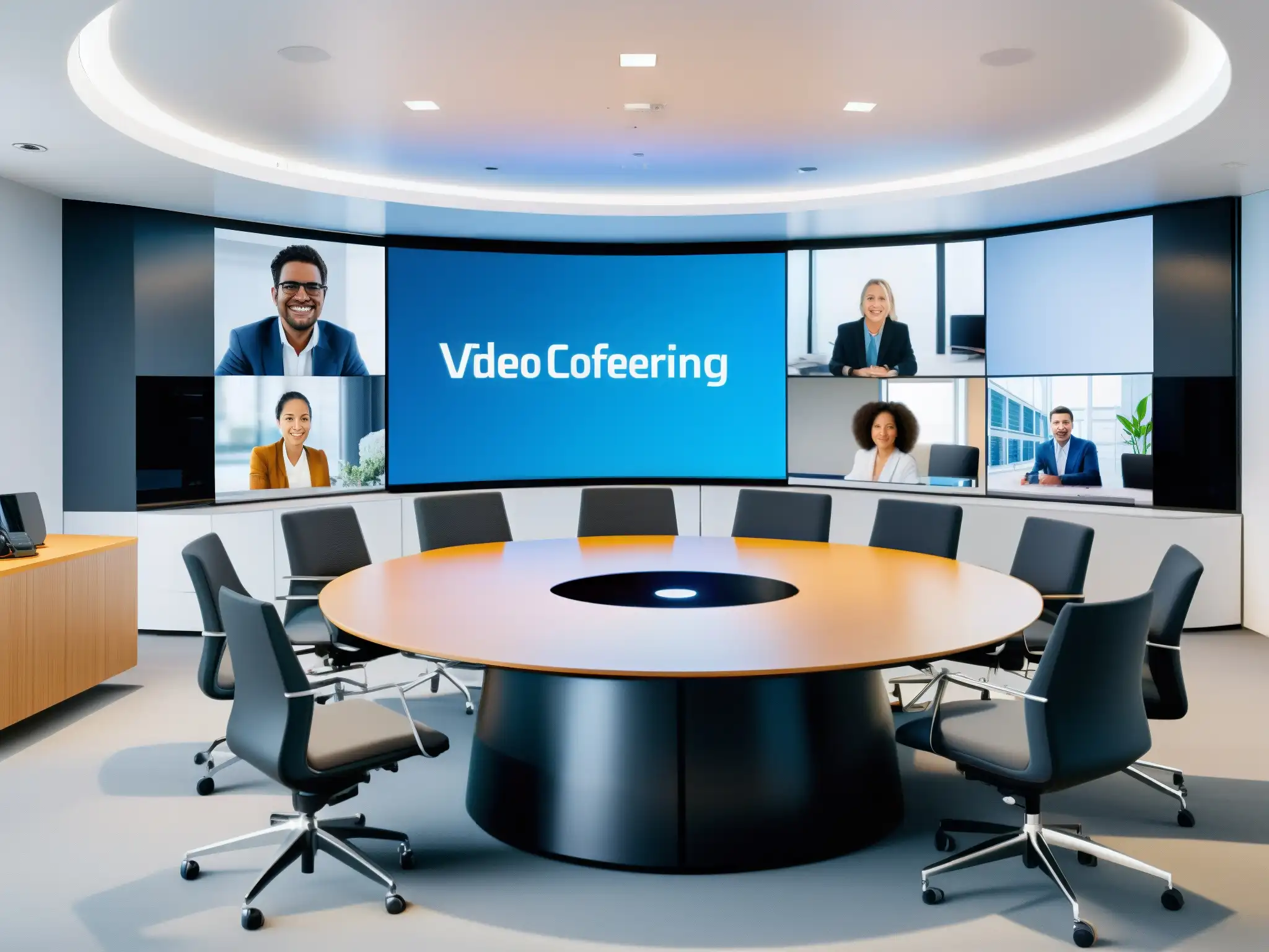 Videoconferencia moderna y profesional en un ambiente luminoso y acogedor Una imagen 8k muestra una moderna sala de videoconferencias con equipos profesionales y diversidad, creando un ambiente brillante y colaborativo