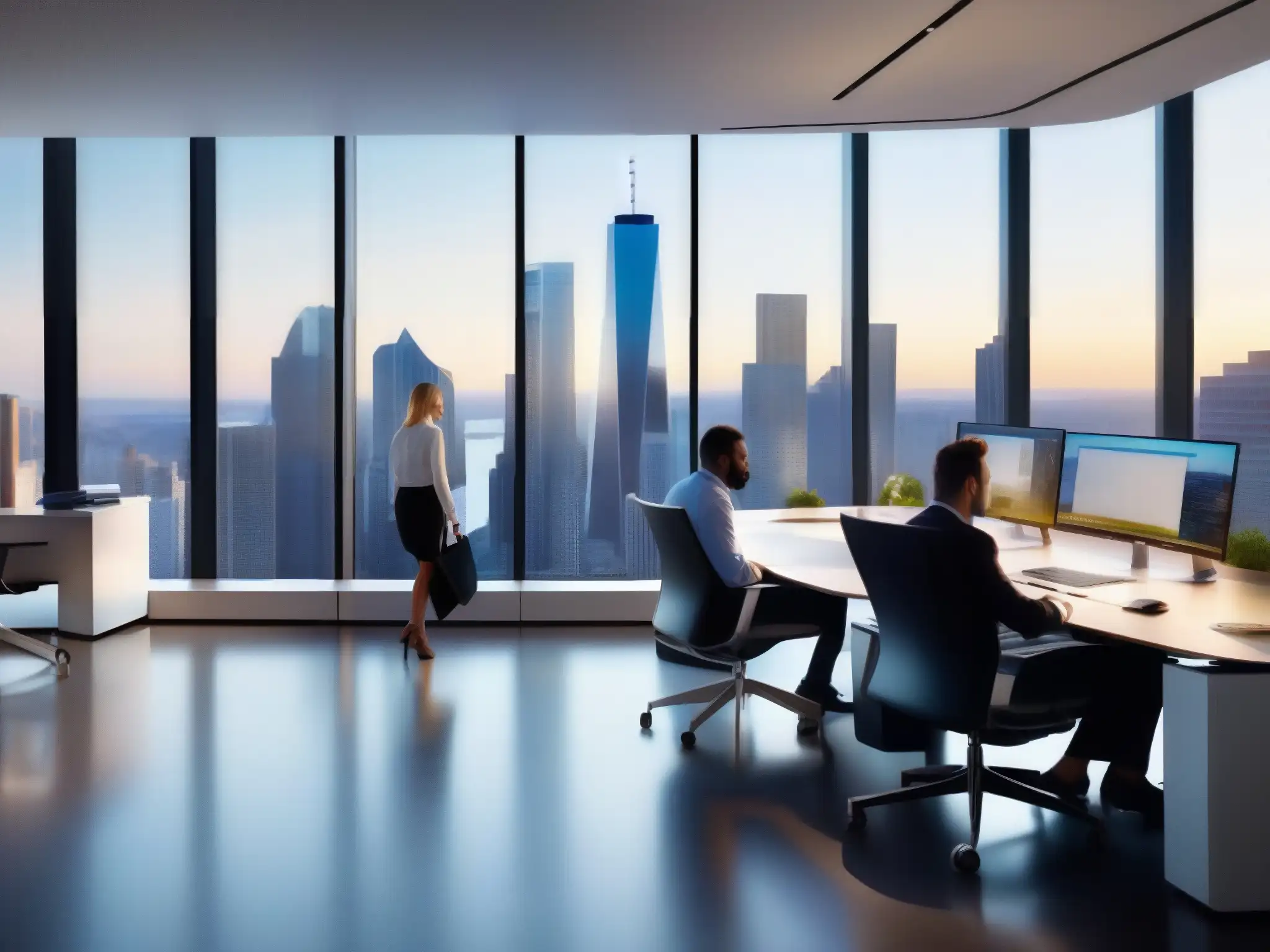 Oficina moderna con Microsoft Teams potenciando la productividad Imagen de oficina moderna con impacto y productividad en la industria financiera gracias a Microsoft Teams