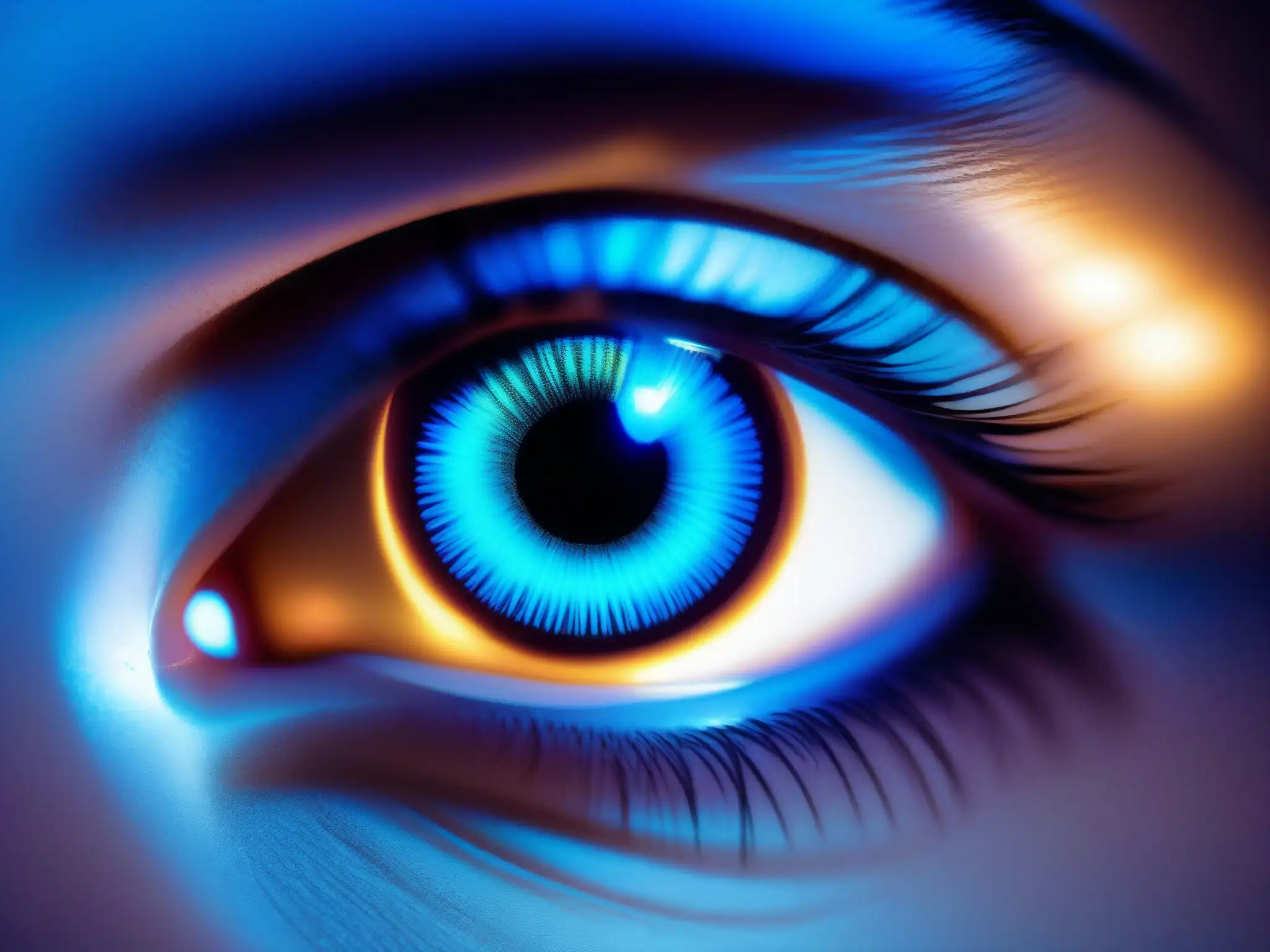 Autenticación biométrica: ojo escaneado con tecnología futurista Imagen de un ojo con escáner de iris proyectando luz para autenticación biométrica en videoconferencia, destacando la seguridad en herramientas de videoconferencia