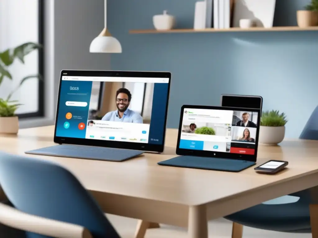 Videoconferencias multiplataforma en ambiente profesional Una imagen de tres pantallas divididas, mostrando videoconferencias en diferentes dispositivos