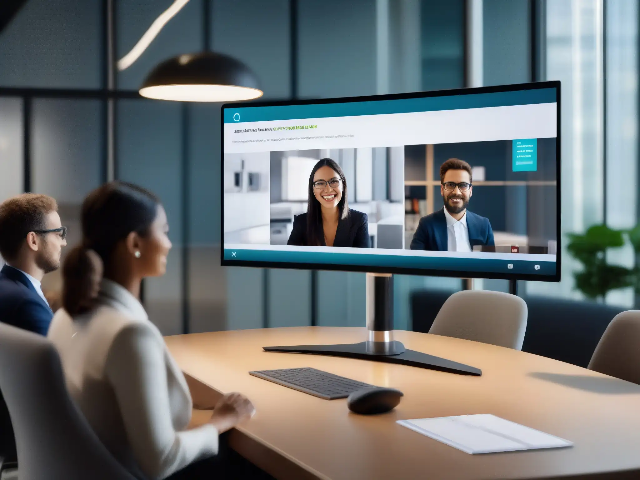 Videoconferencia profesional: compartiendo pantalla con eficacia En la imagen, una persona usa una plataforma de videoconferencia moderna y elegante para compartir pantalla en un entorno profesional