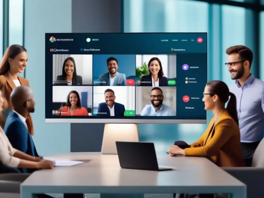Comparación plataformas videoconferencia: escalabilidad y usabilidad Imagen profesional de interfaz de videoconferencia con múltiples participantes, resaltando plataformas de videoconferencia y su escalabilidad