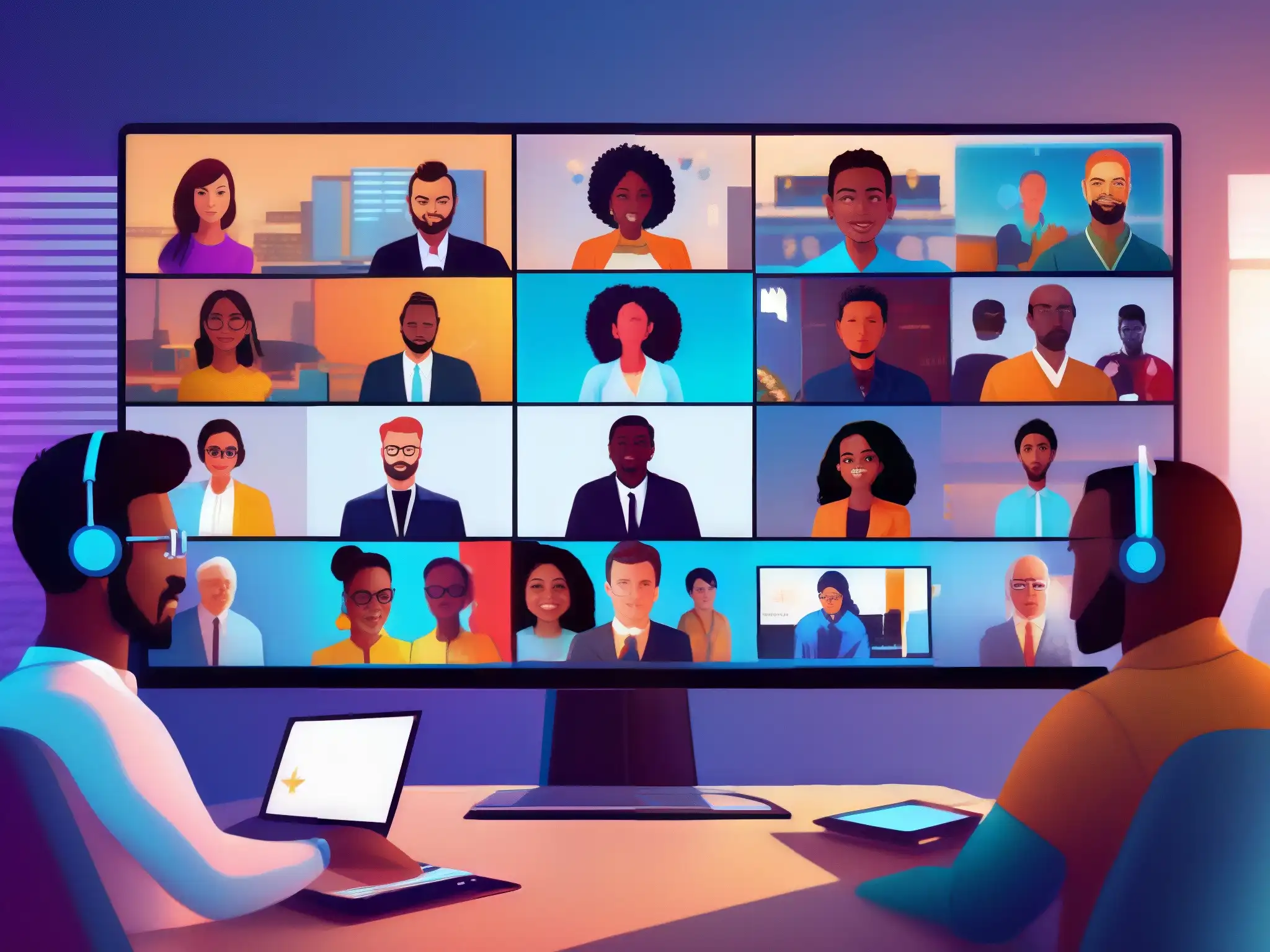 Videoconferencia multicultural en ultra alta definición Imagen 8k de profesionales de diferentes culturas en una videoconferencia, destacando la adaptabilidad de la interfaz para incluir a todos