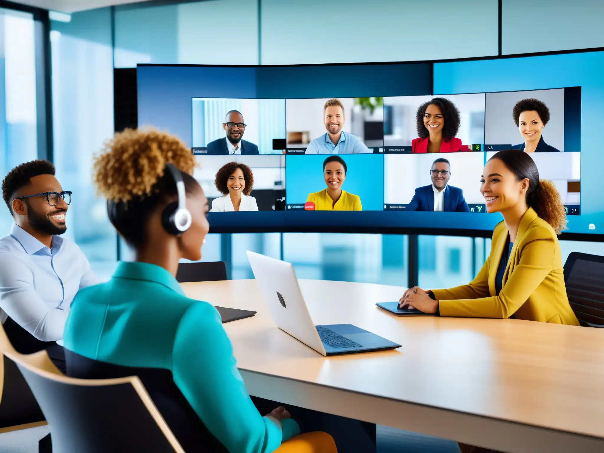Profesionales colaborando en videoconferencia innovadora Una imagen de profesionales diversas en una videoconferencia dinámica, con interfaces modernas