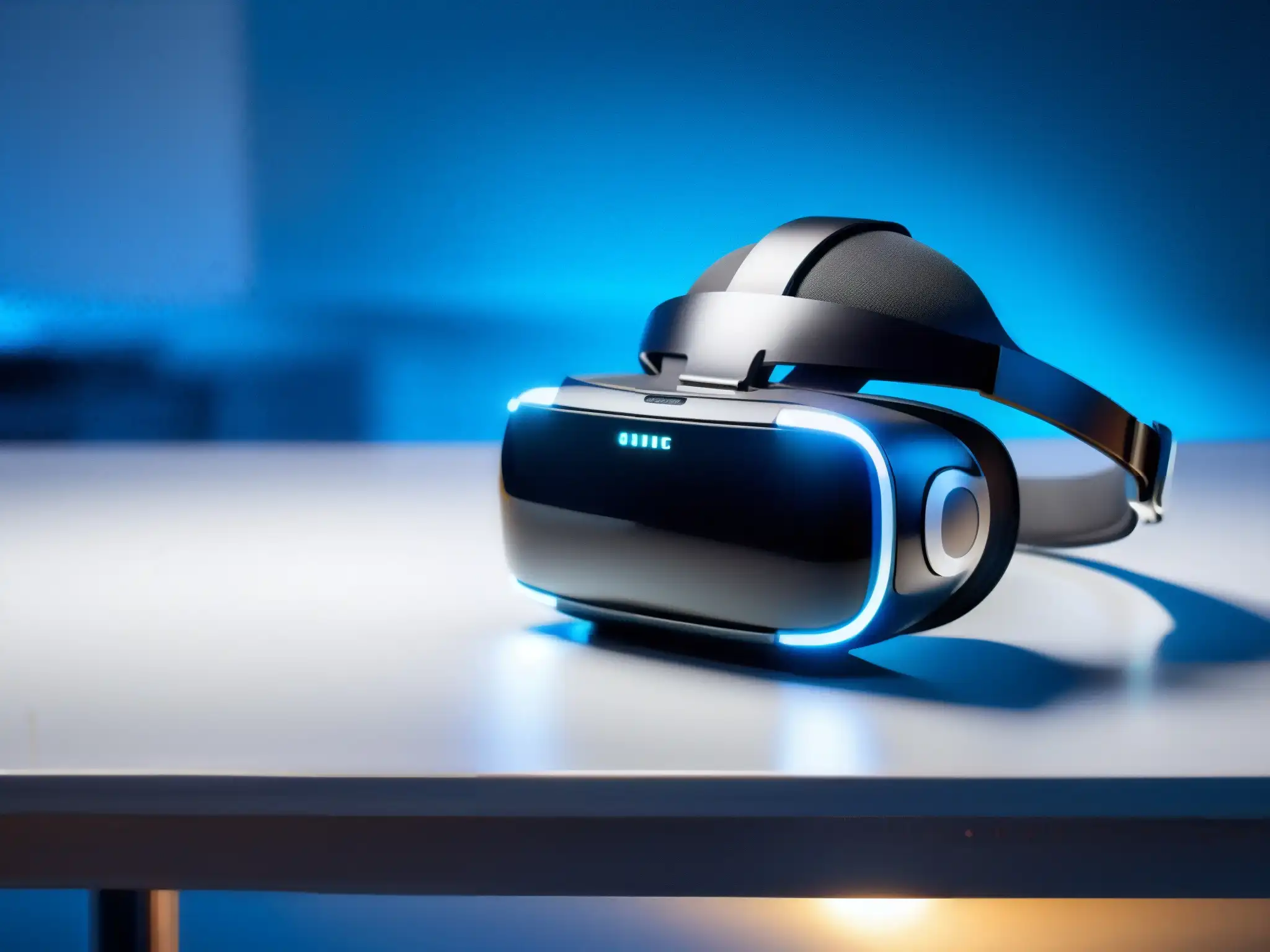Realidad virtual: Innovación en la formación a distancia Una imagen de alta resolución de un auricular de realidad virtual en un escritorio futurista, iluminado por una suave luz azul