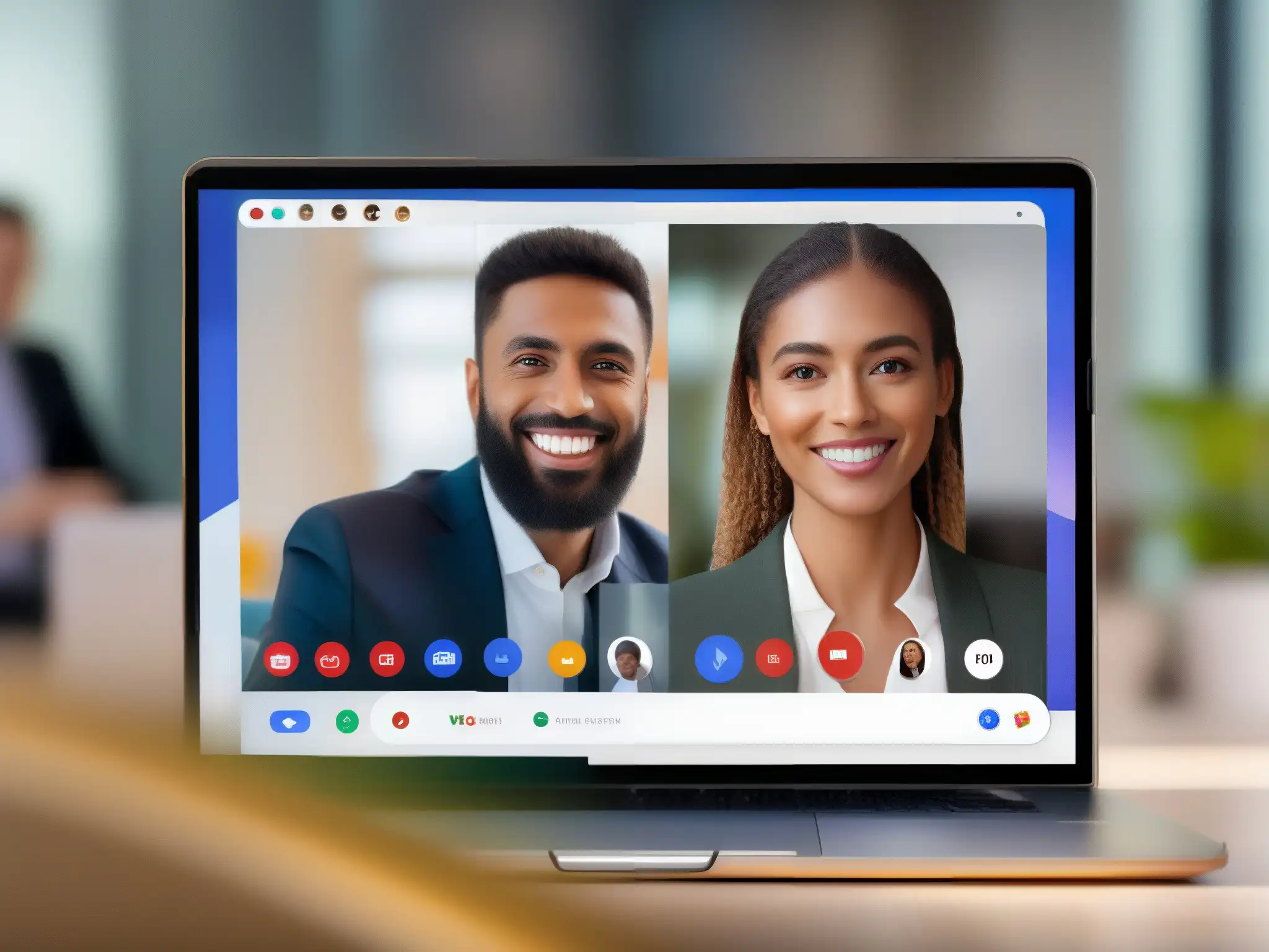 Comparación Google Meet vs Una imagen de alta resolución muestra una comparativa de Google Meet y Zoom, con detalles nítidos de ambas interfaces y un fondo borroso de oficina