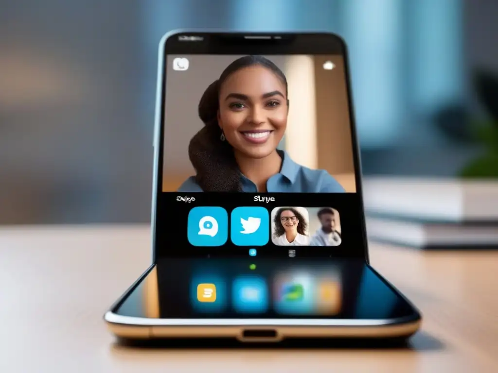Comparación de video llamas: Skype vs Imagen de alta resolución de una pantalla de teléfono dividida mostrando Skype y FaceTime en una habitación bien iluminada