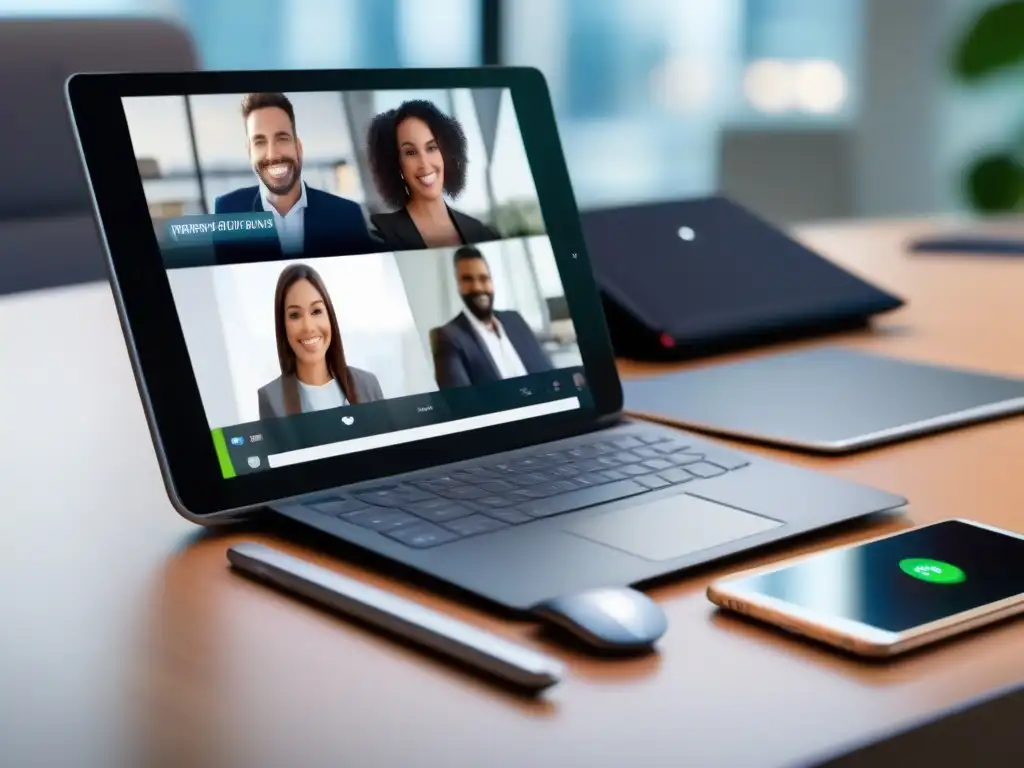 Plataforma de videoconferencia profesional en smartphone y tablet Una imagen de alta resolución muestra un smartphone y una tablet modernos en un escritorio minimalista