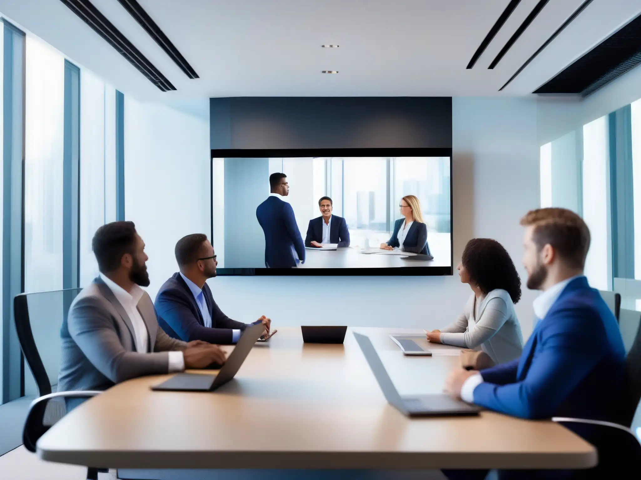 Sala de reuniones moderna y productiva con profesionales Imagen de una reunión productiva con herramientas de videoconferencia profesionales en una oficina contemporánea bien iluminada