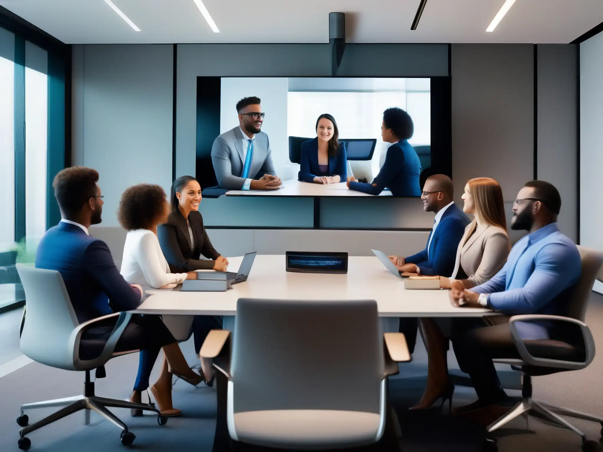 Sala de reuniones moderna con videoconferencia dinámica Imagen de una reunión de videoconferencia con empleados colaborando en un entorno profesional y moderno