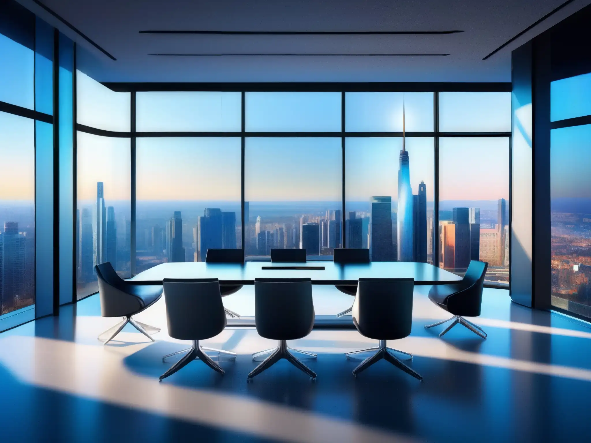 Sala de conferencias futurista con tecnología avanzada y diseño minimalista Imagen de una sala de conferencias futurista con tecnología de vanguardia y videoconferencias hiperconectadas en IoT